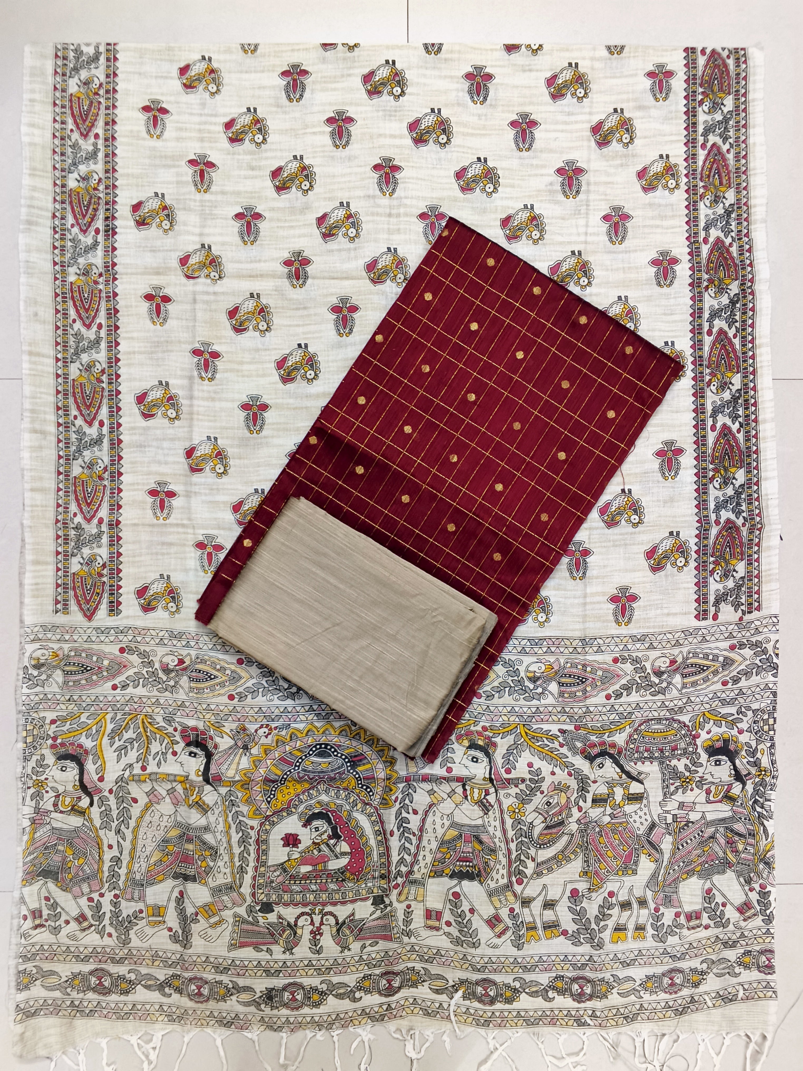 marron raw silk top with madhubani duppata 3 piece set