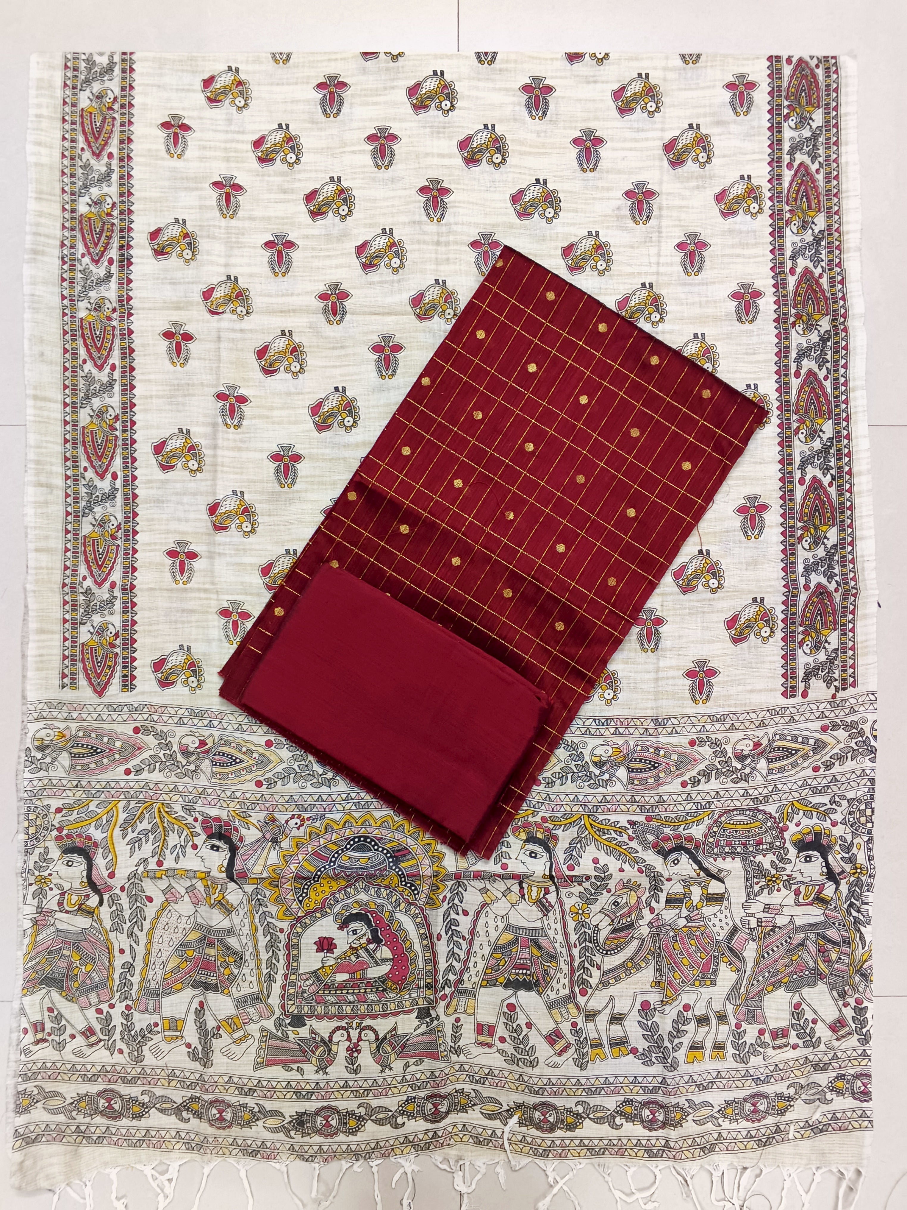 marron raw silk top with madhubani duppata 3 piece set