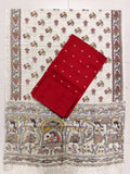 red raw silk top with madhubani duppata 3 piece set