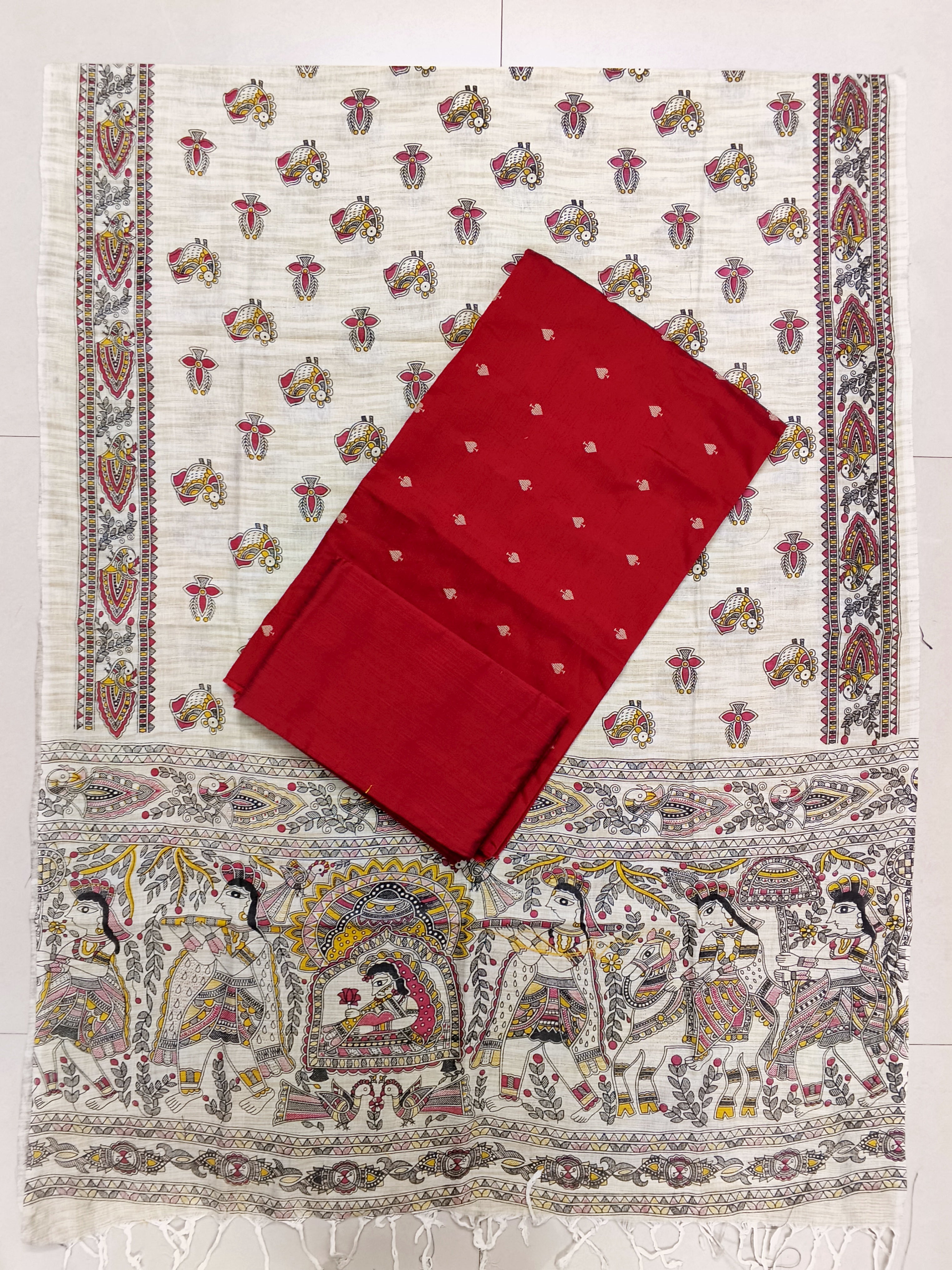 red raw silk top with madhubani duppata 3 piece set