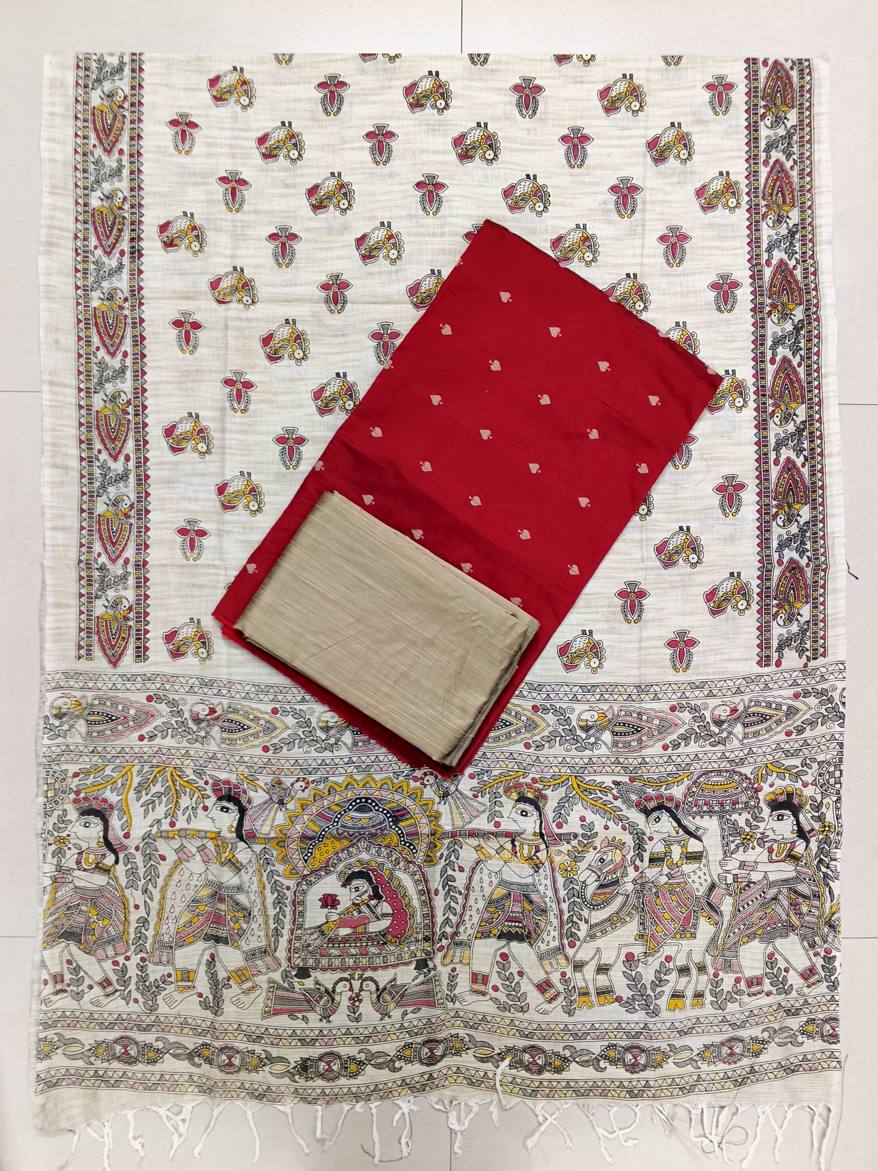 red raw silk top with madhubani duppata 3 piece set