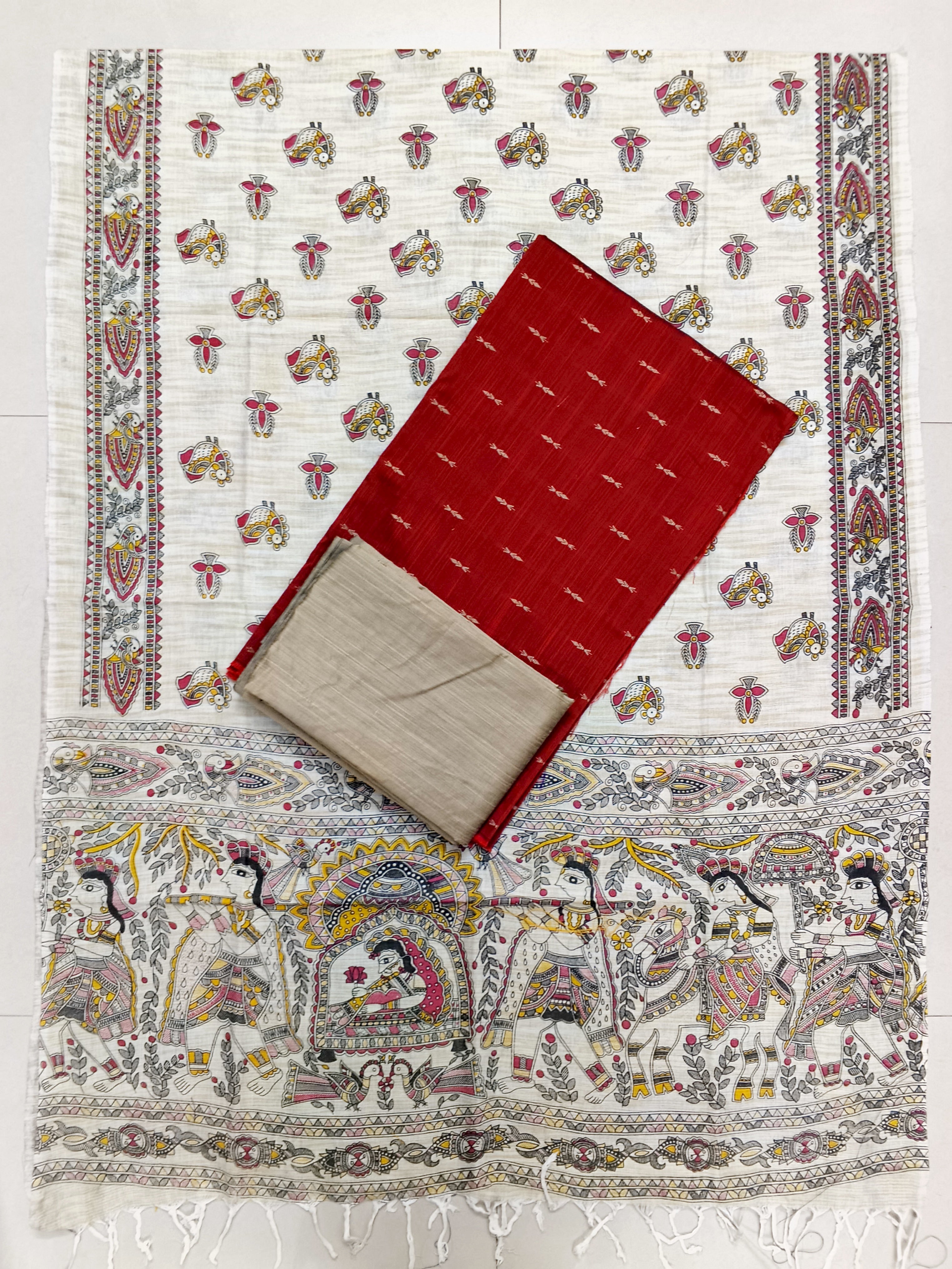 red raw silk top with madhubani duppata 3 piece set