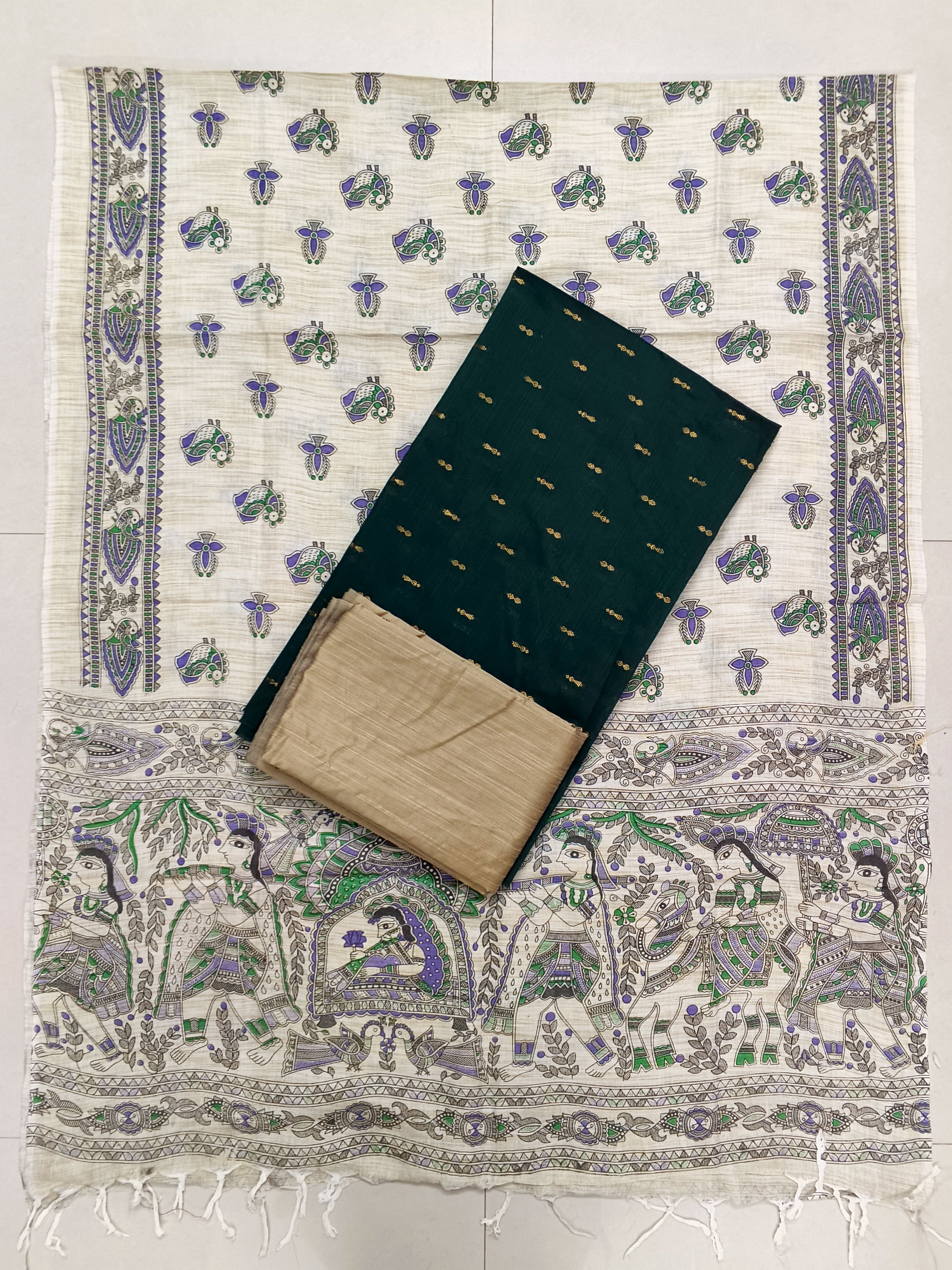 bottle green raw silk top with madhubani duppata 3 piece set