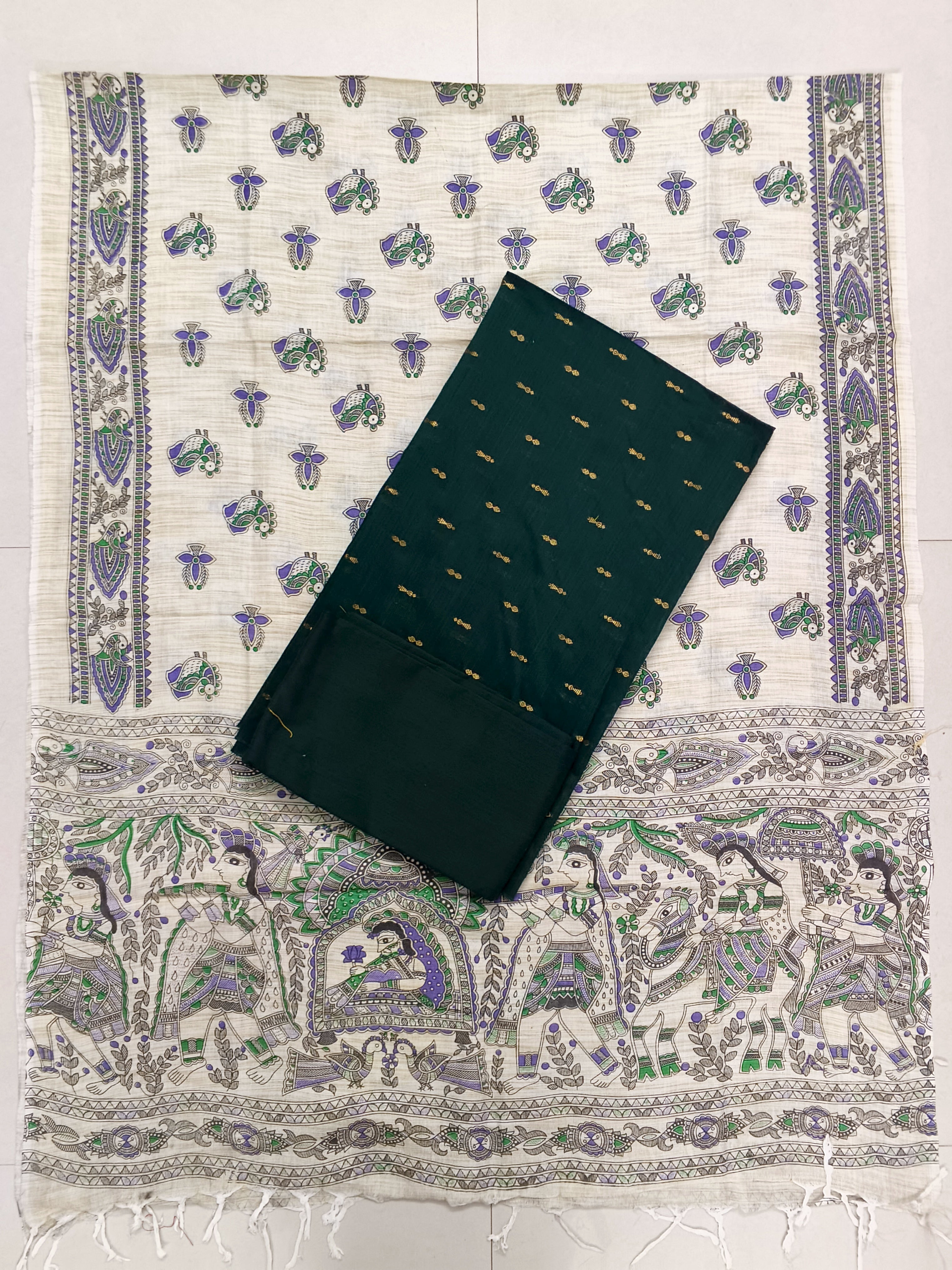bottle green raw silk top with madhubani duppata 3 piece set