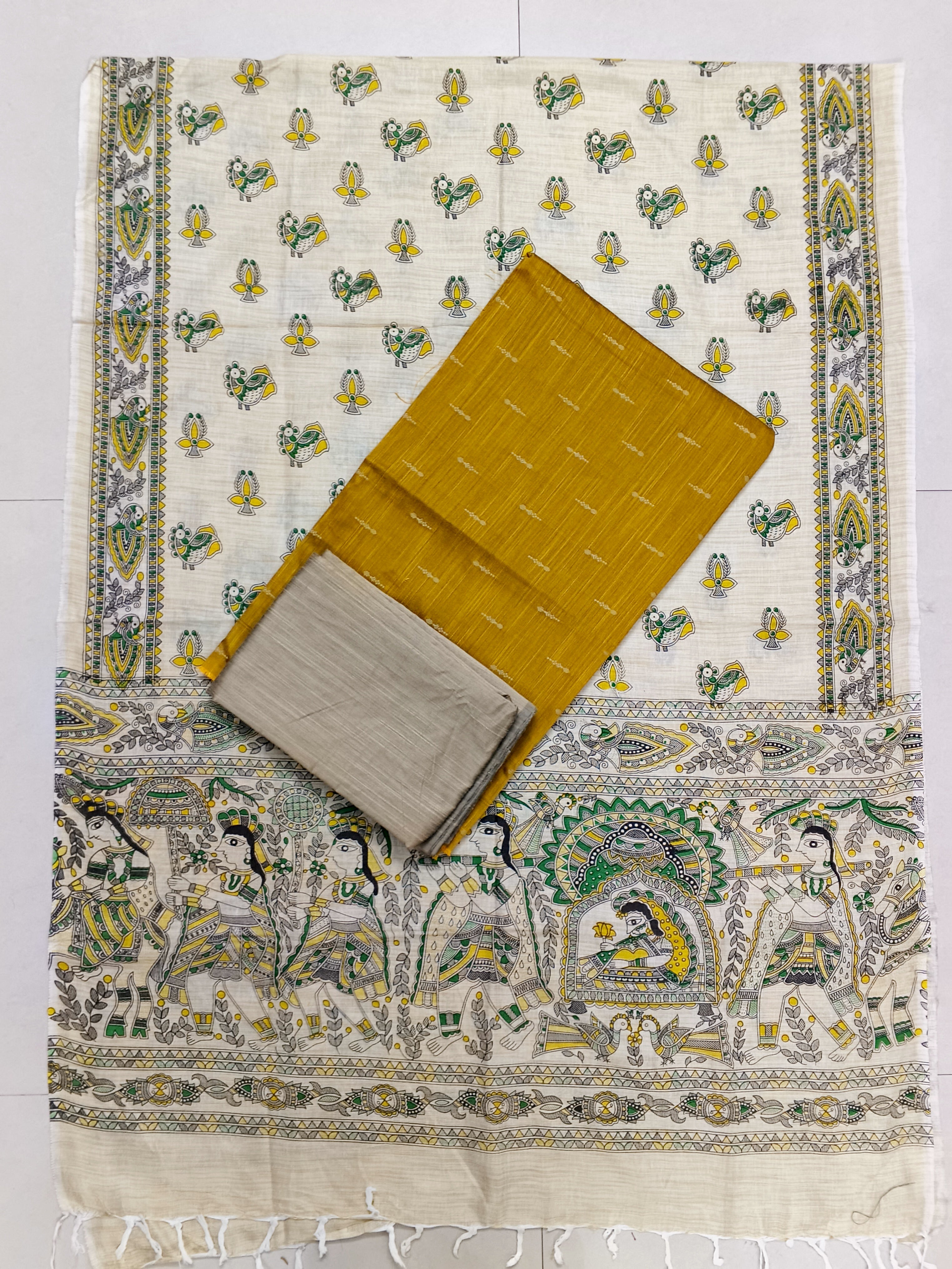 mustard yellow raw silk top with madhbani duppata 3 piece set