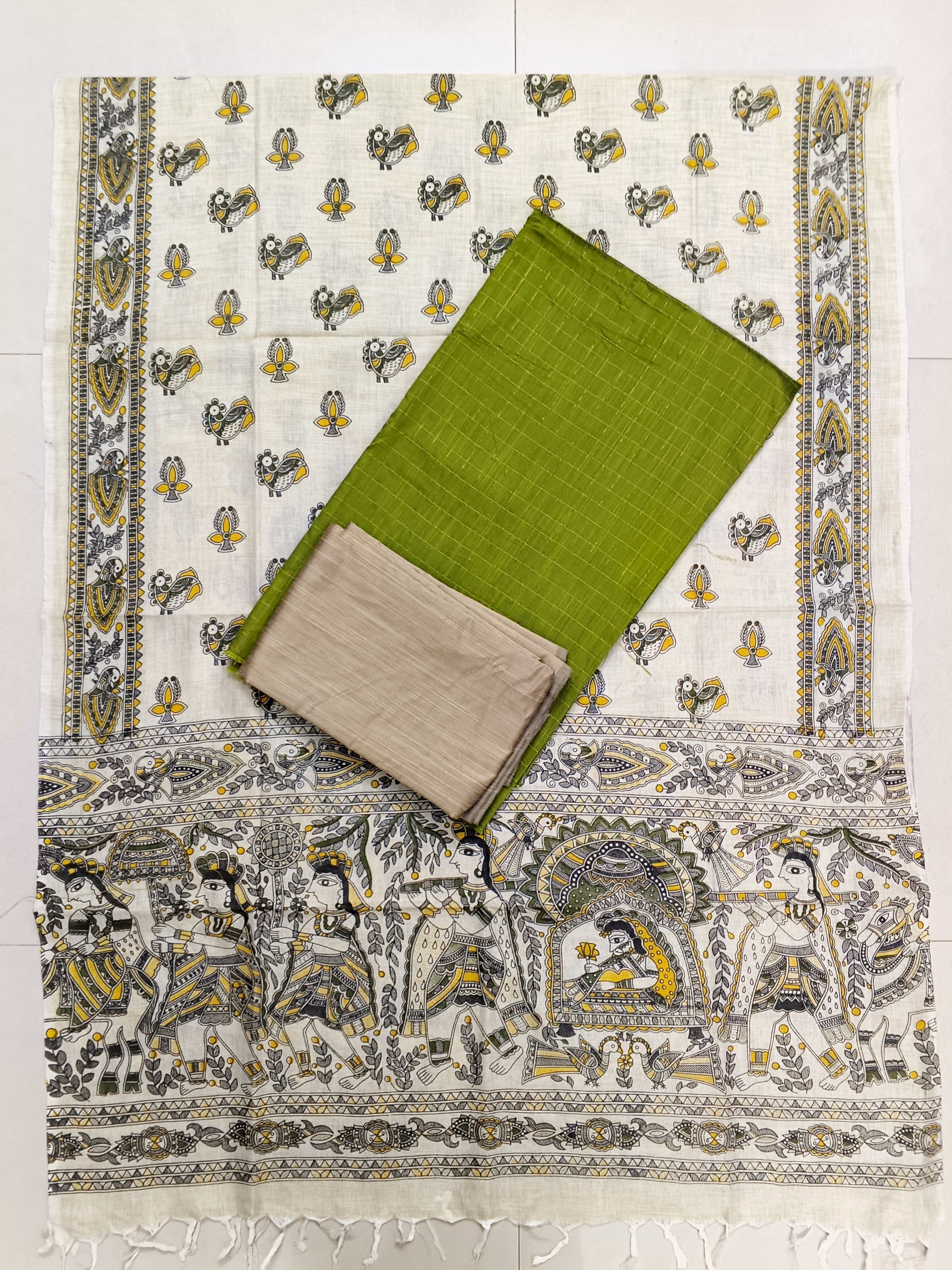 apple green top with madhubani duppata 3 piece set