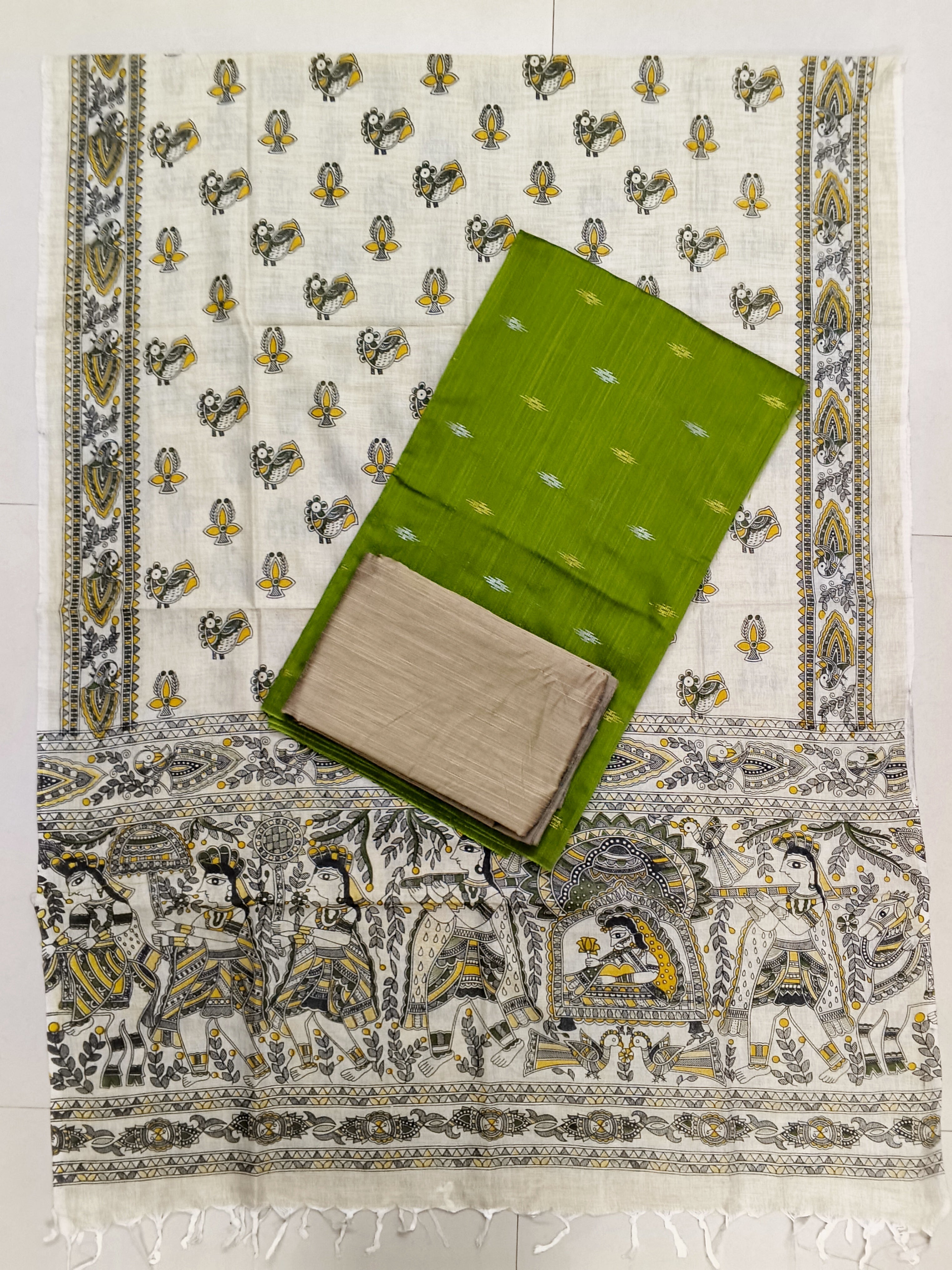 apple green raw silk top with madhubani duppata 3 piece set