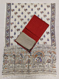 red raw silk top with madhubhani duppata 3 piece set