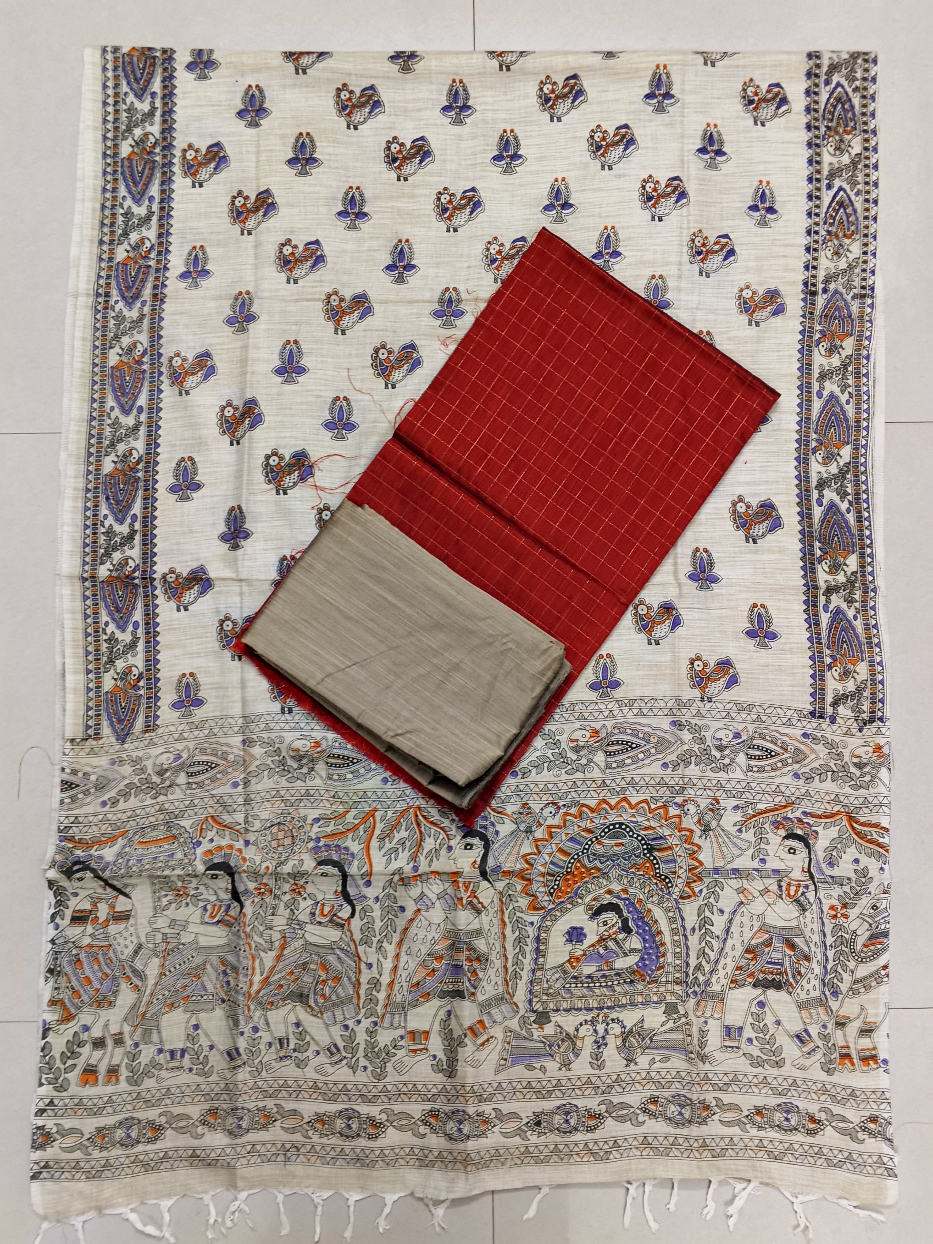 red raw silk top with madhubhani duppata 3 piece set