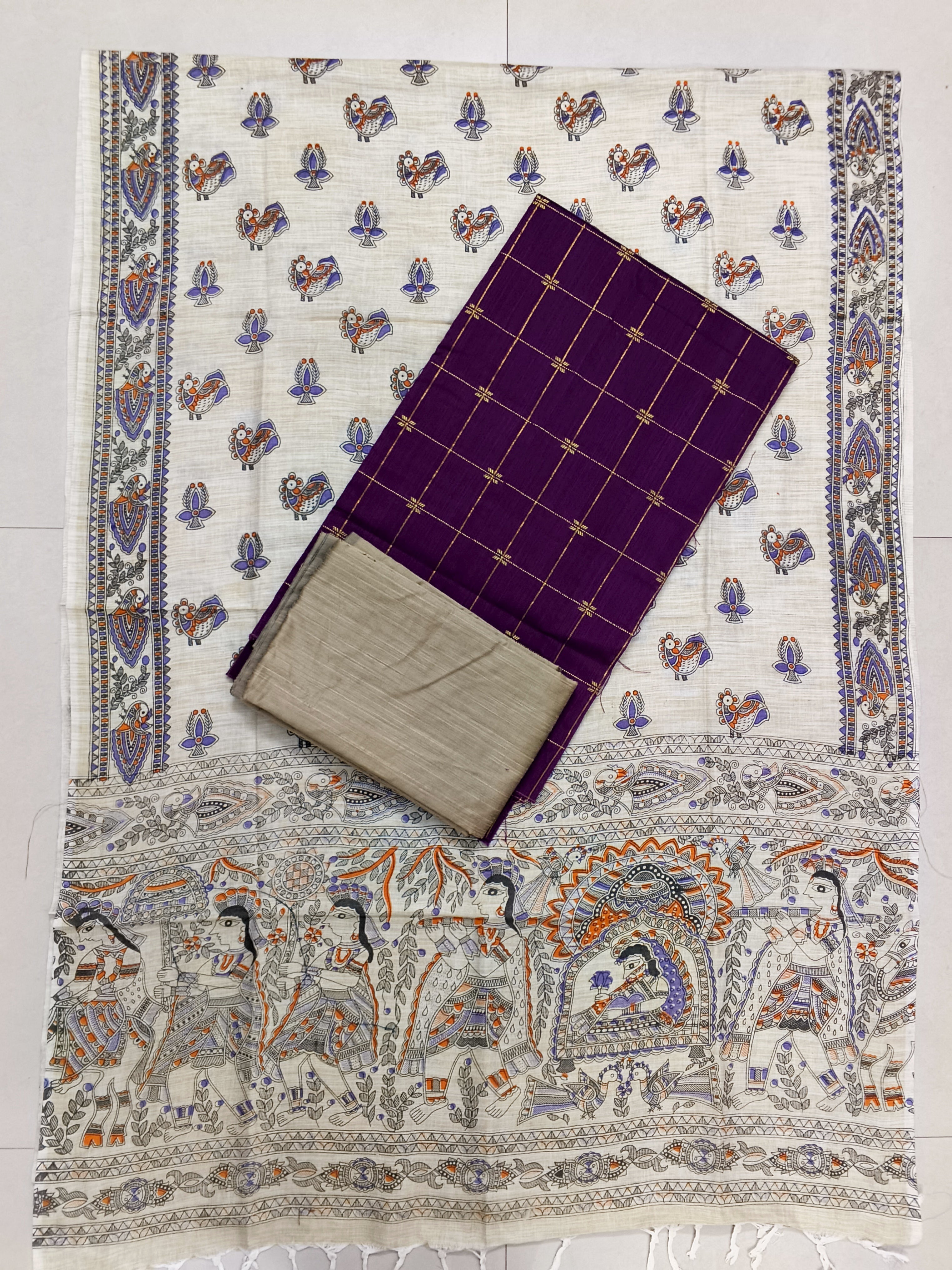 purple raw silk top with madhubani duppata 3 piece set