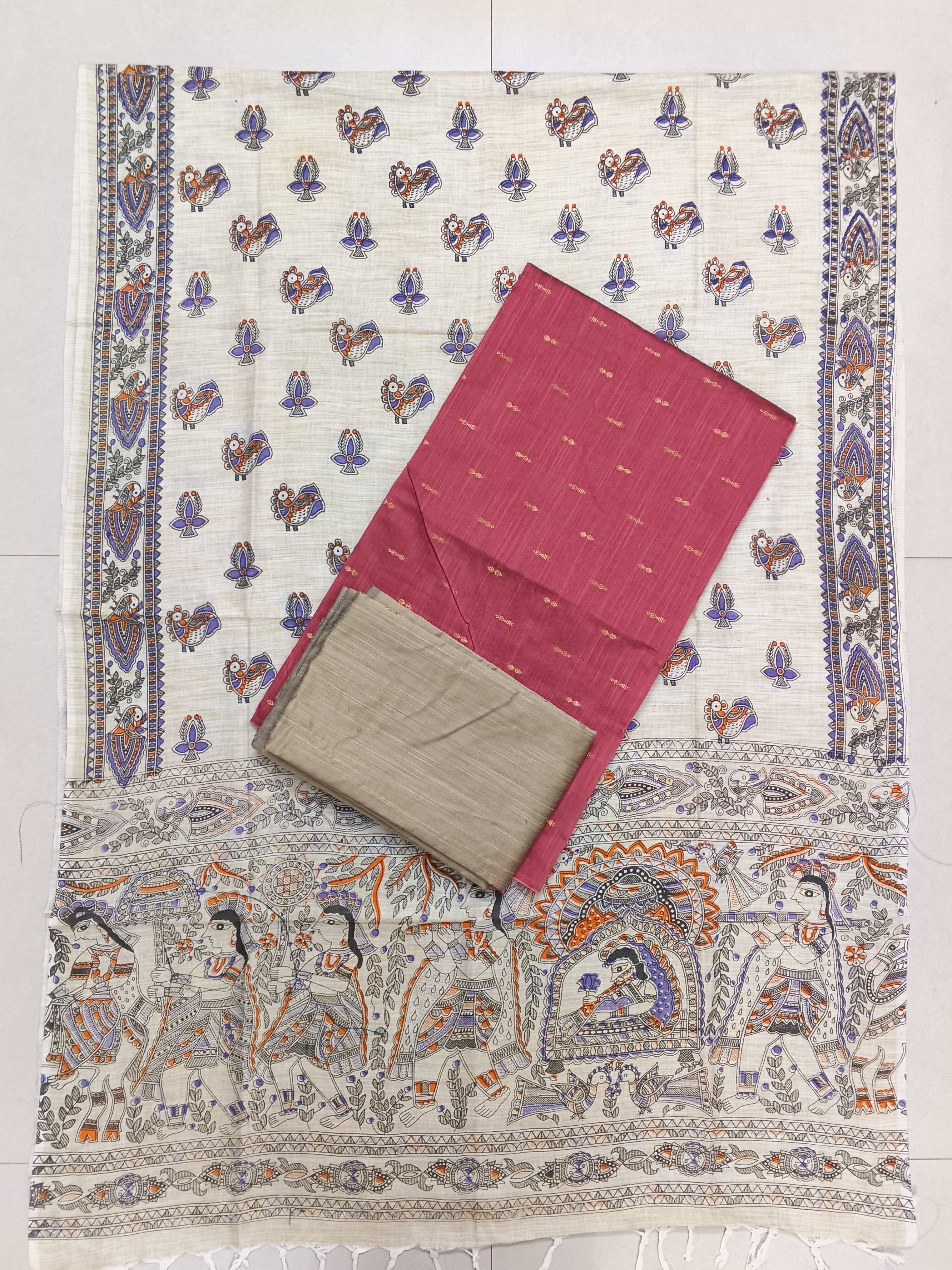 peech colour raw silk top with madhubhani duppata 3 piece set