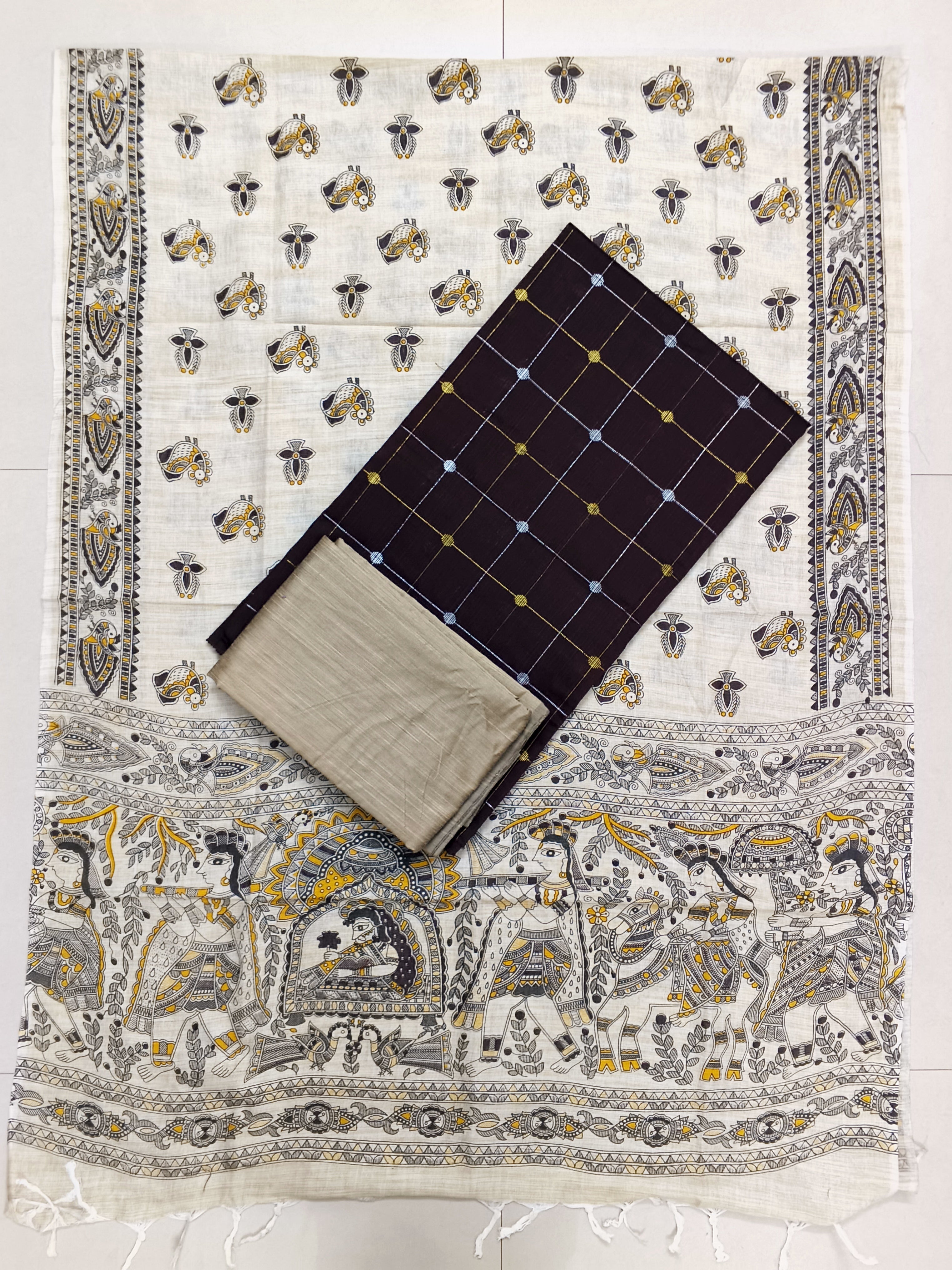 black checked raw silk top with madhubani duppata 3 piece set