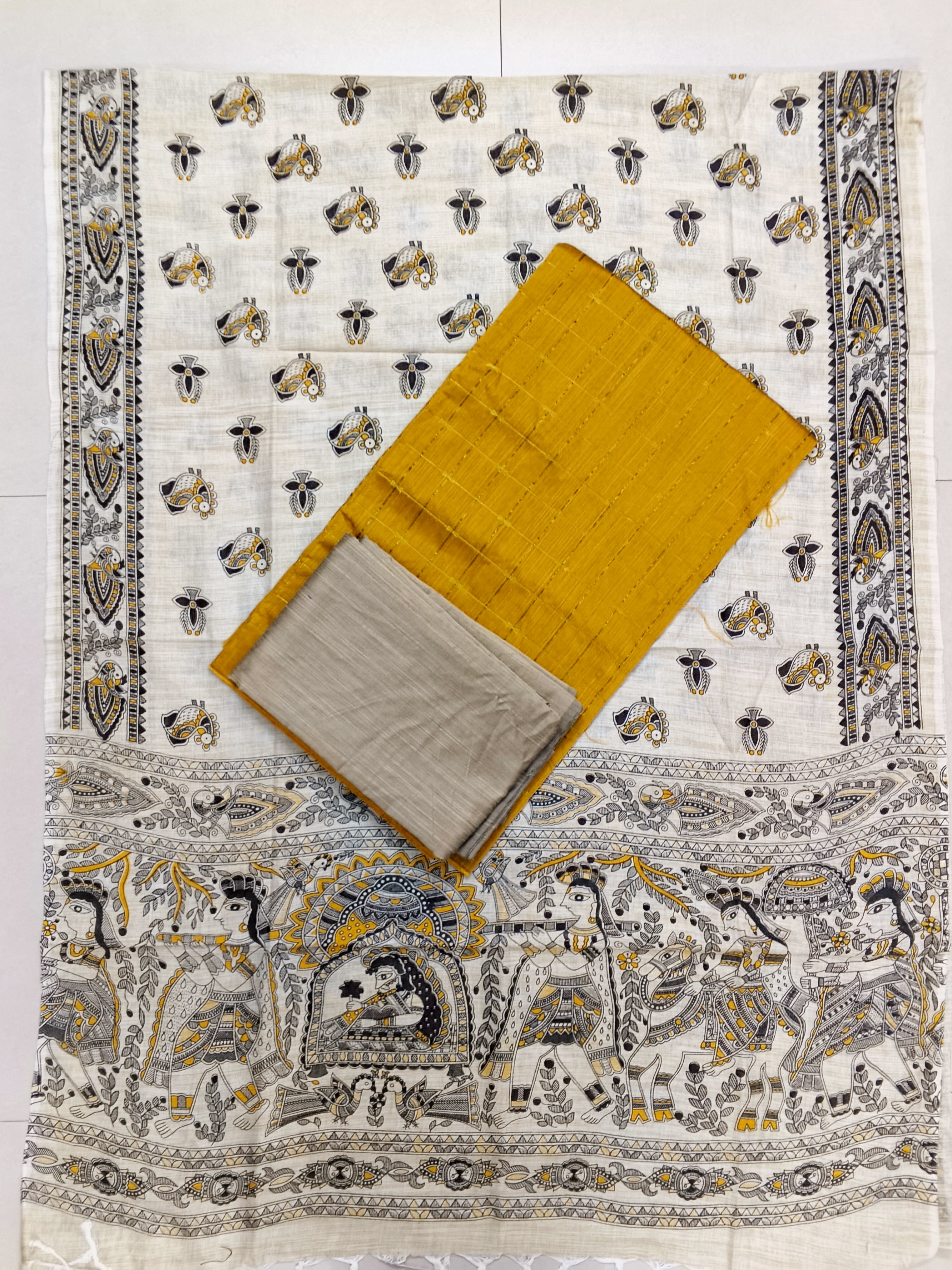 mustard yellow raw silk top with madhubani duppata 3 piece set