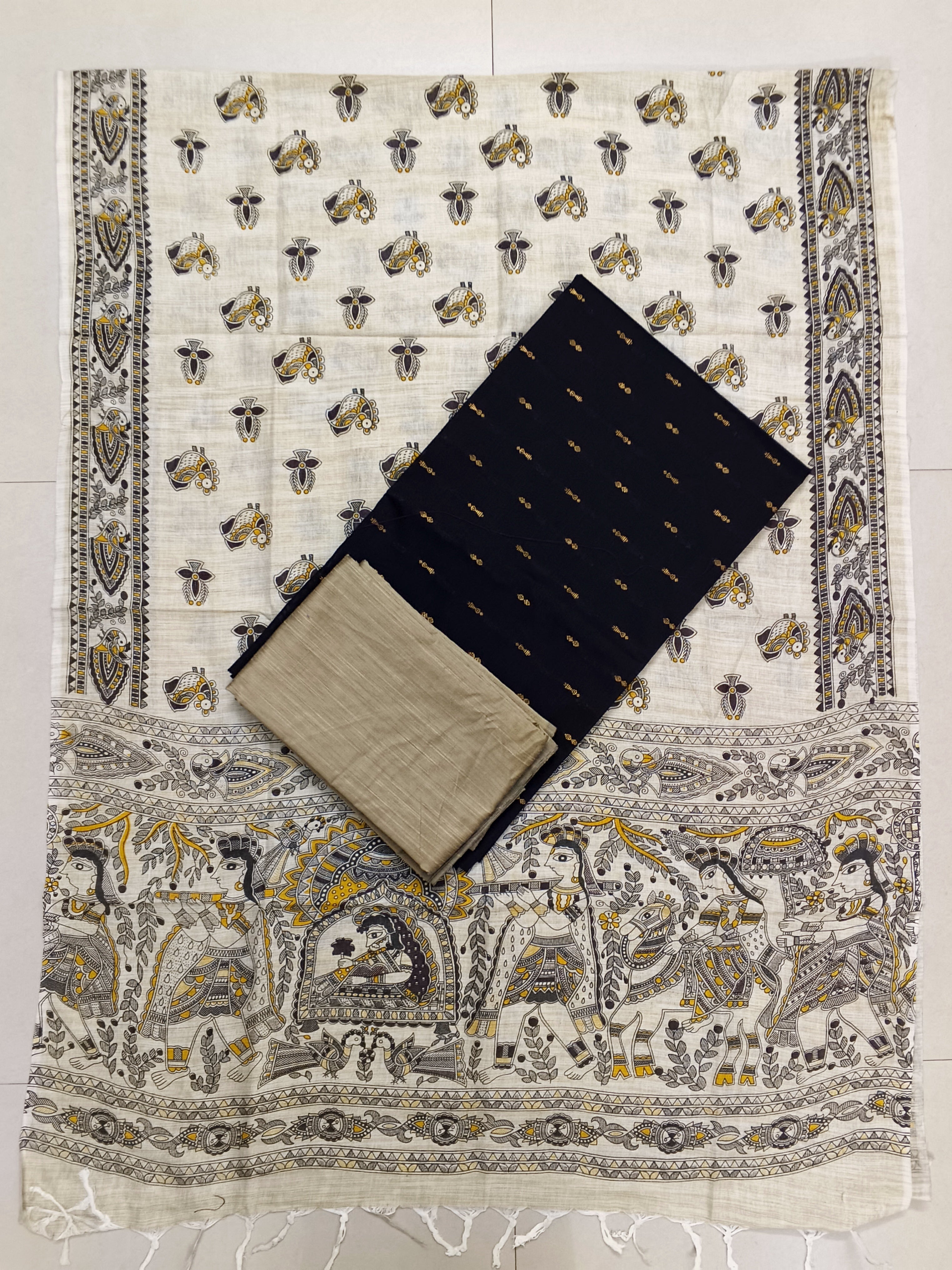 black raw silk top with madhubani duppata 3 piece set