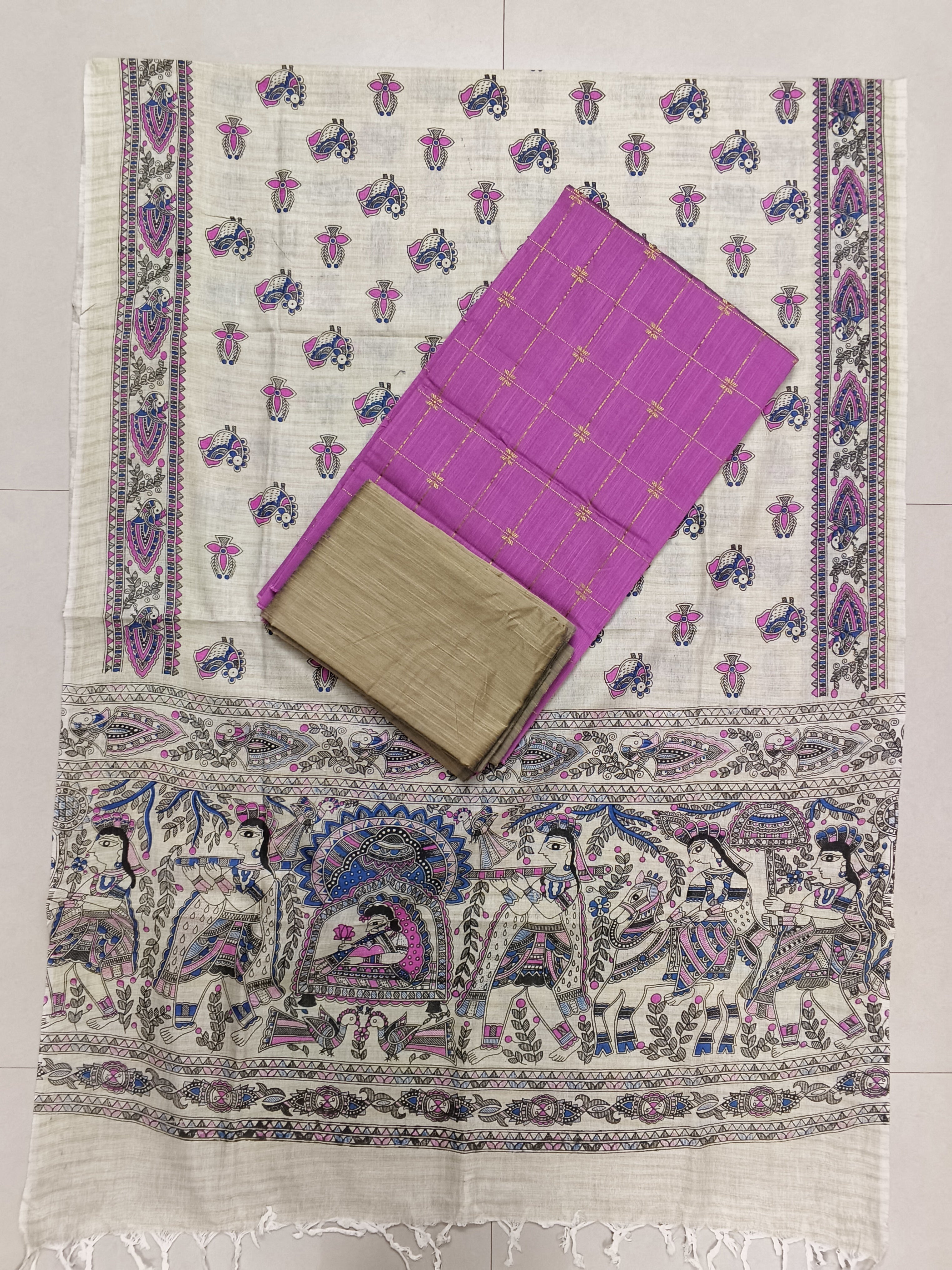 baby pink raw silk top with madhubhani duppata 3 piece set