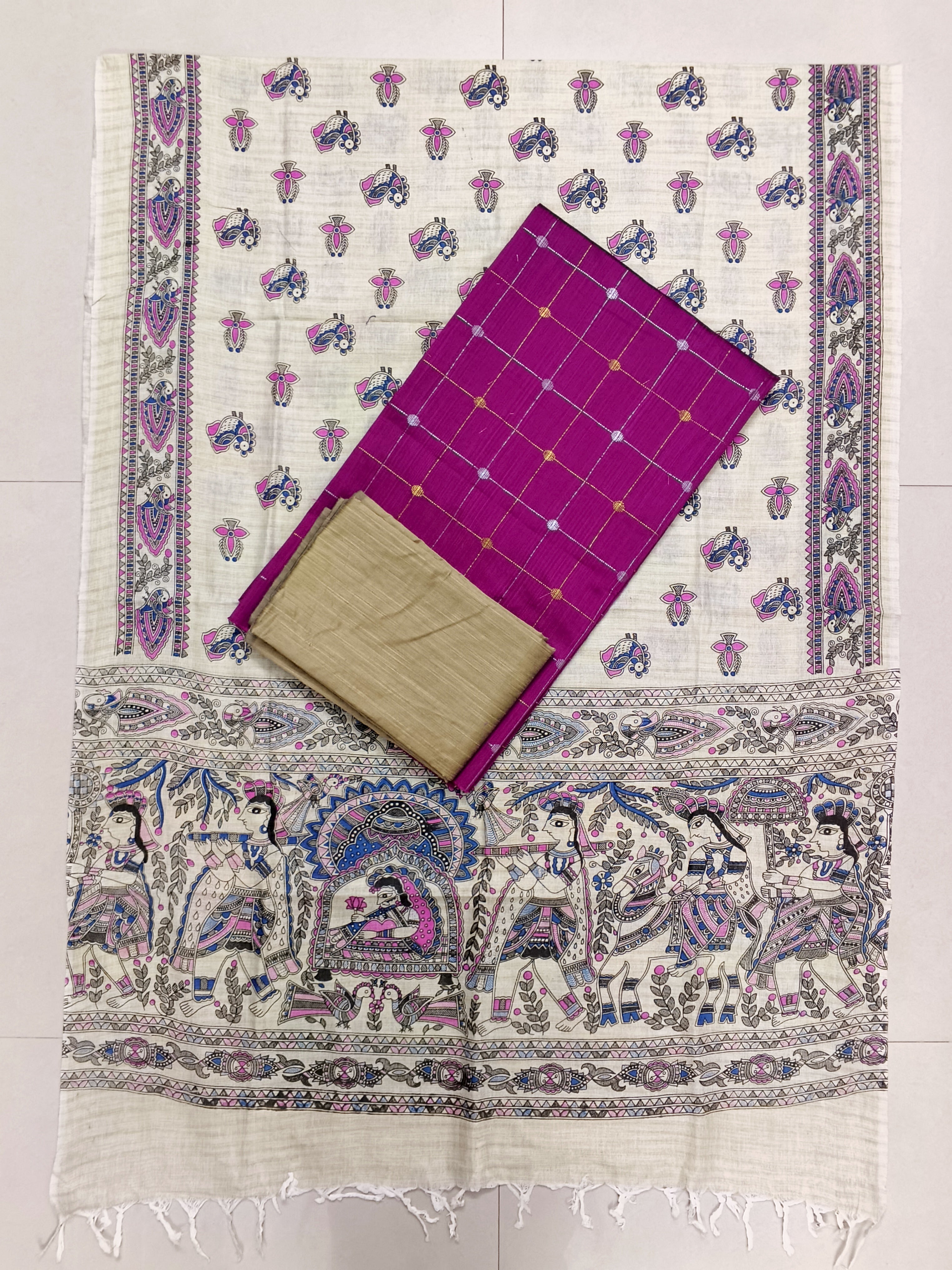 rani pink raw silk top with madhubani duppata 3 piece set