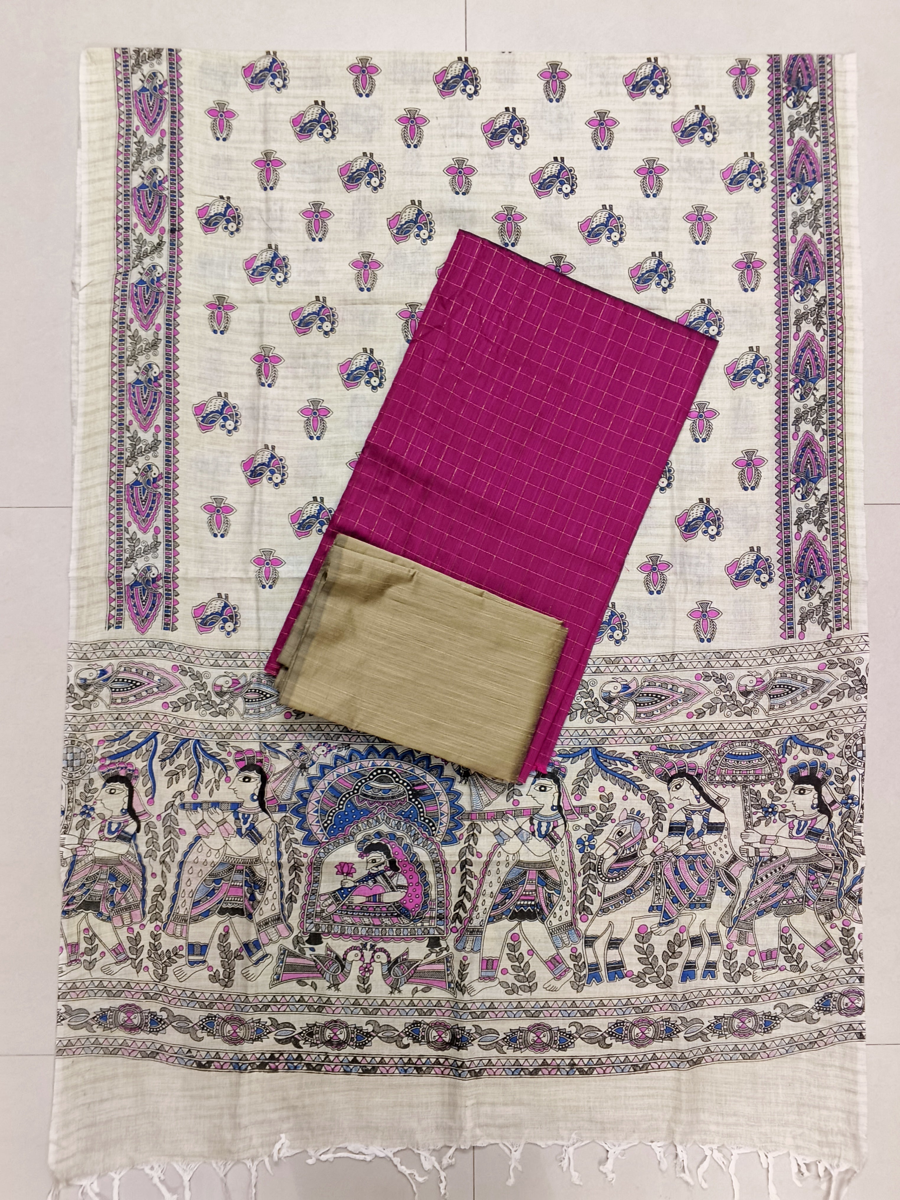 rani pink raw silk top with madhubani duppata 3 piece set
