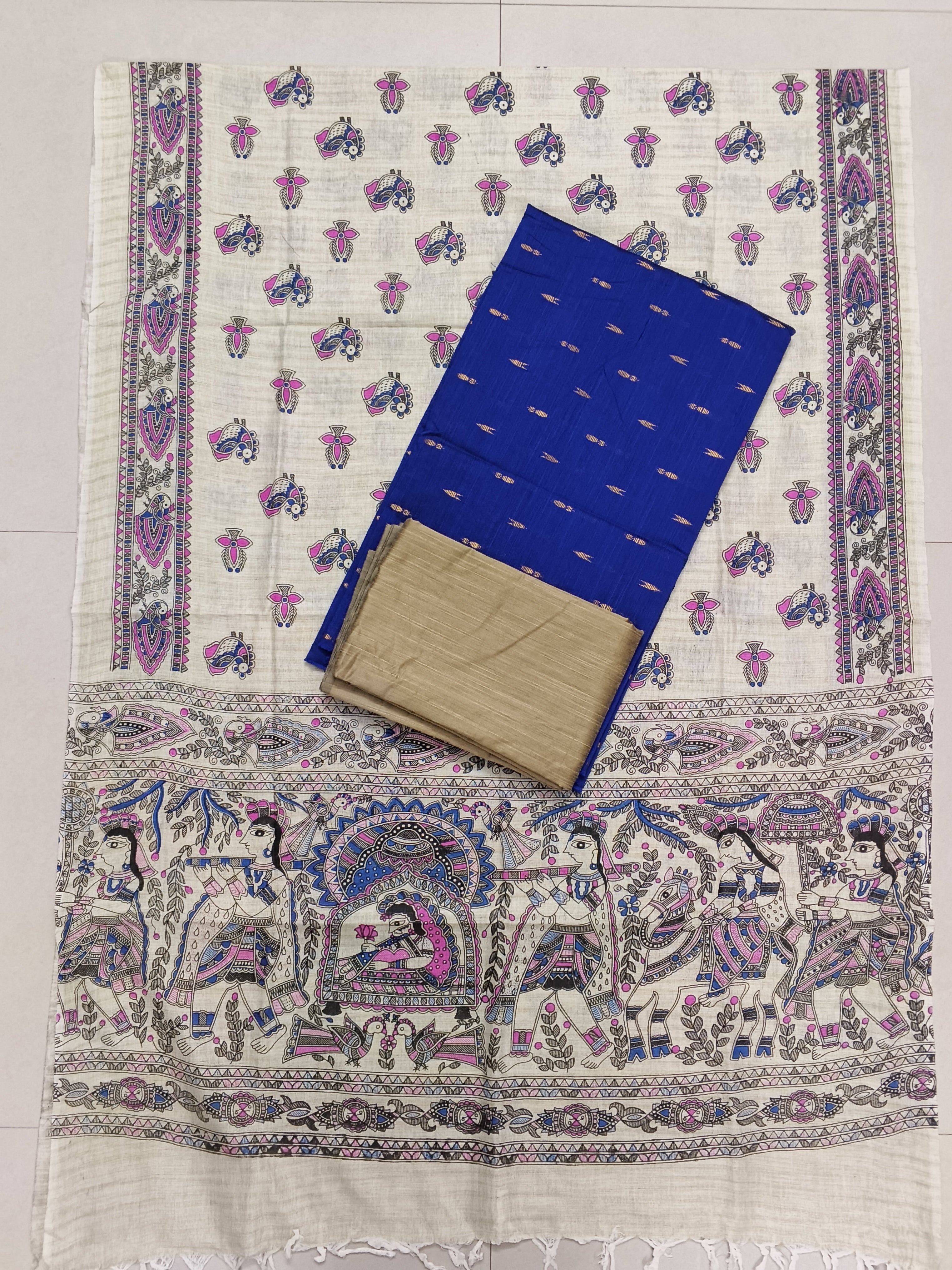 royal blue raw silk top with madhubani duppata 3 piece set