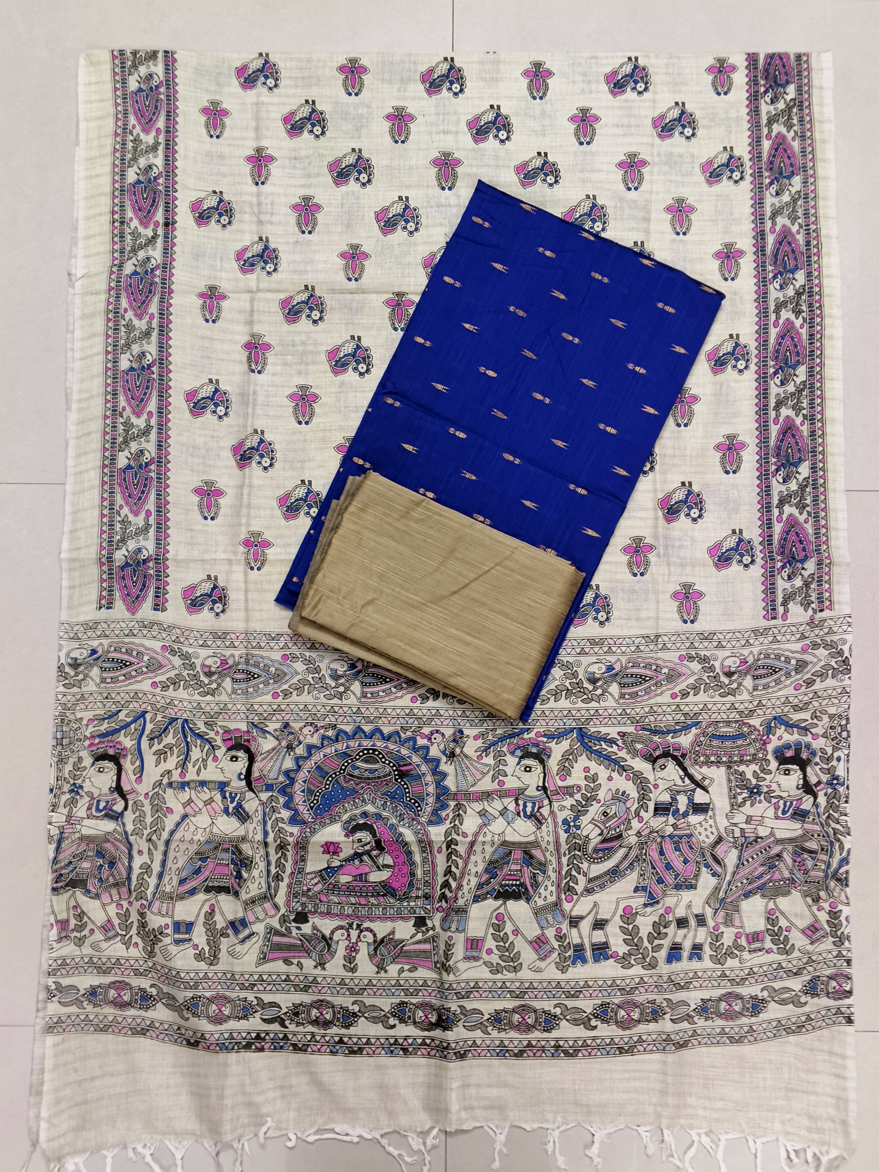 royal blue raw silk top with madhunabi duppata 3 piece set