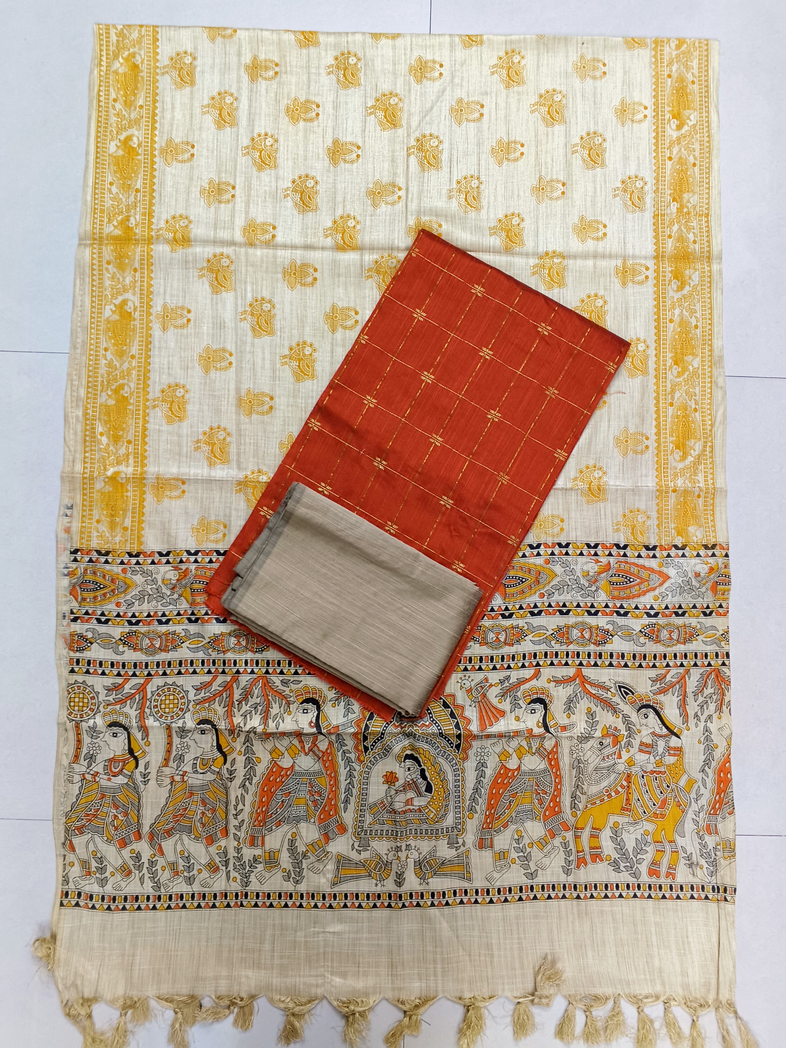 orange raw silk top with madhubani duppata 3 piece set
