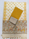 mustard yellow raw silk top with madhubani duppata 3 piece set