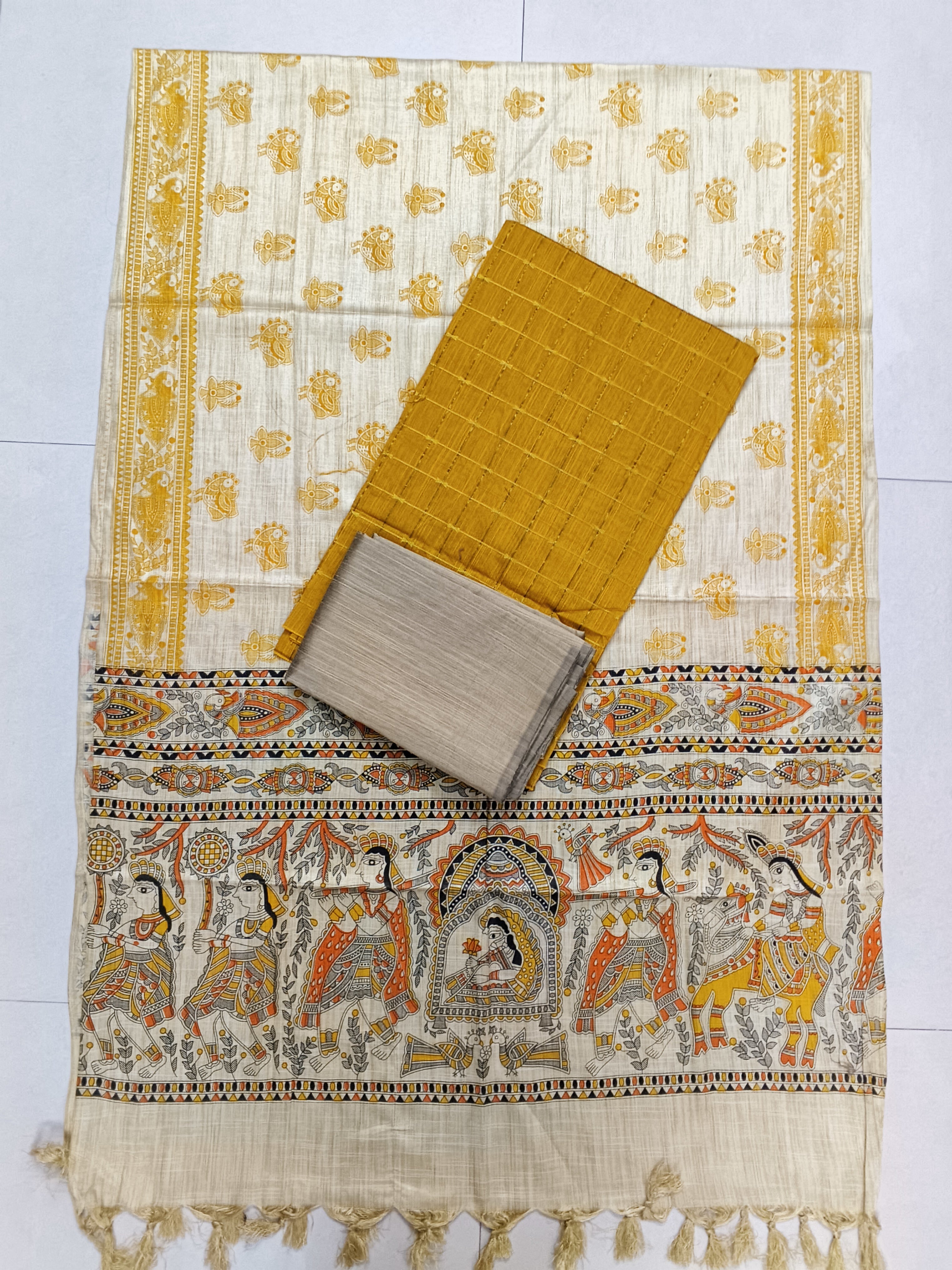 mustard yellow raw silk top with madhubani duppata 3 piece set