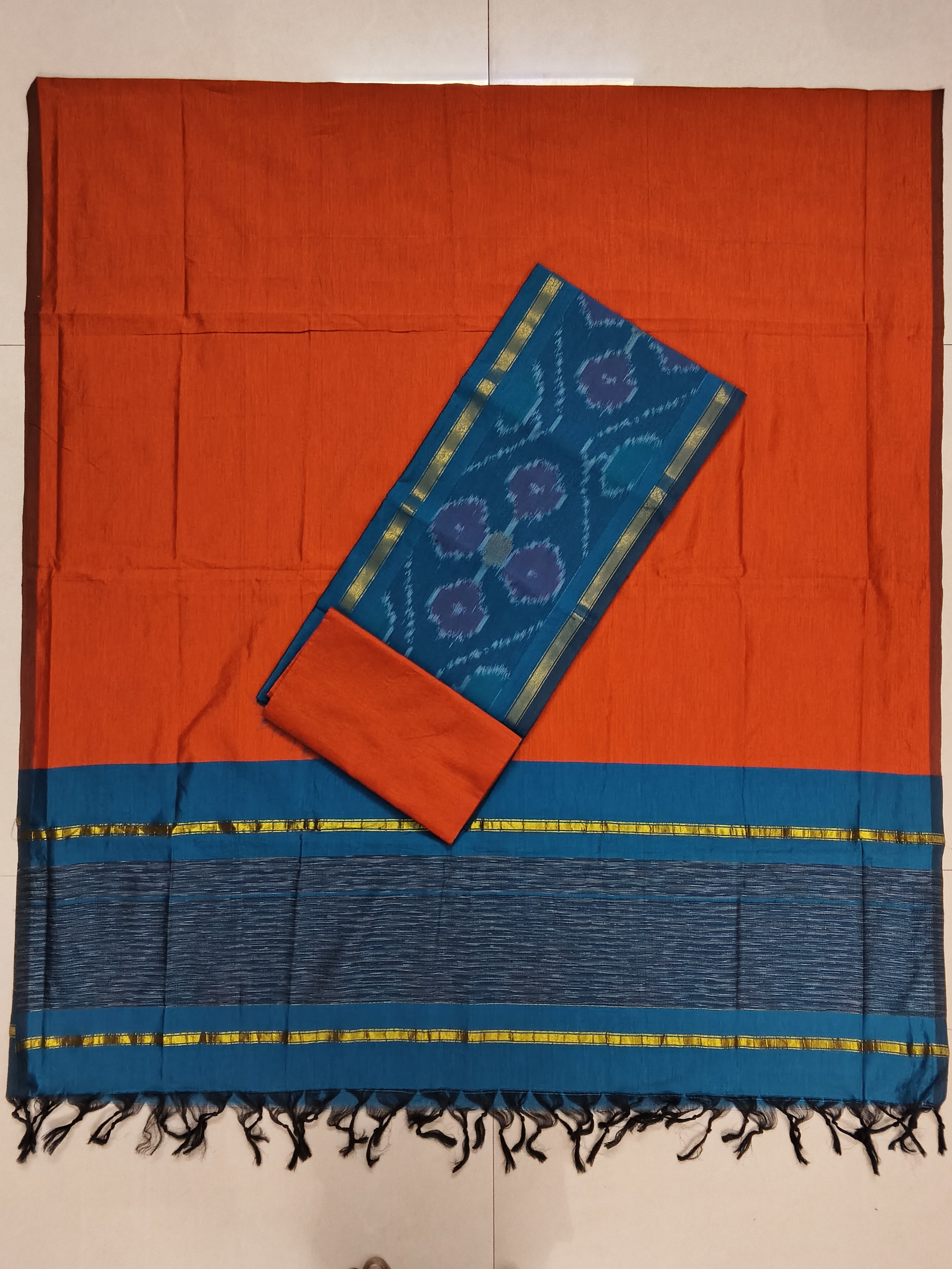 peocock blue with orange sico silk 3 piece set