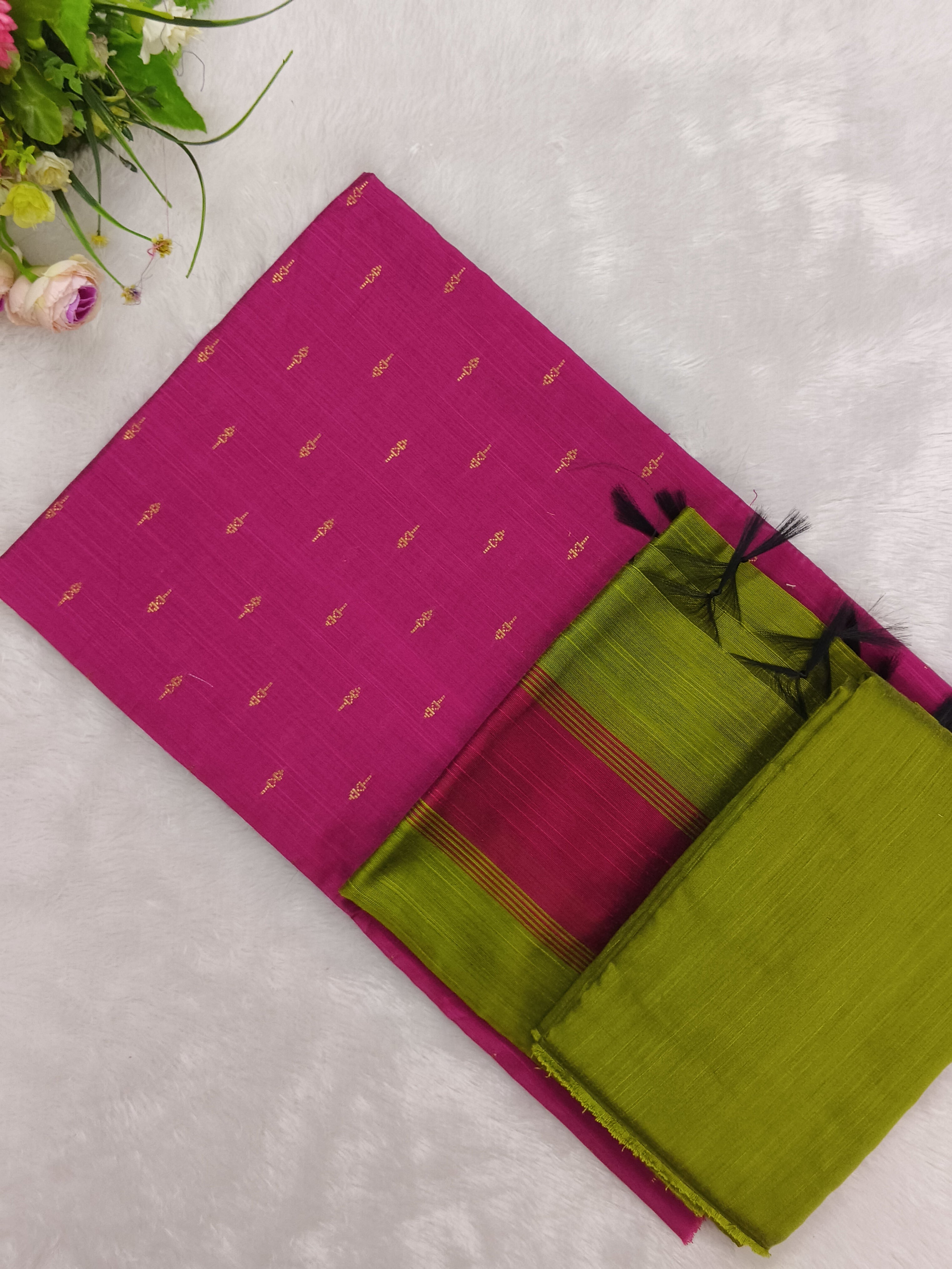 rani pink raw silk top with mehandi green bottom and duppata 3 piece set
