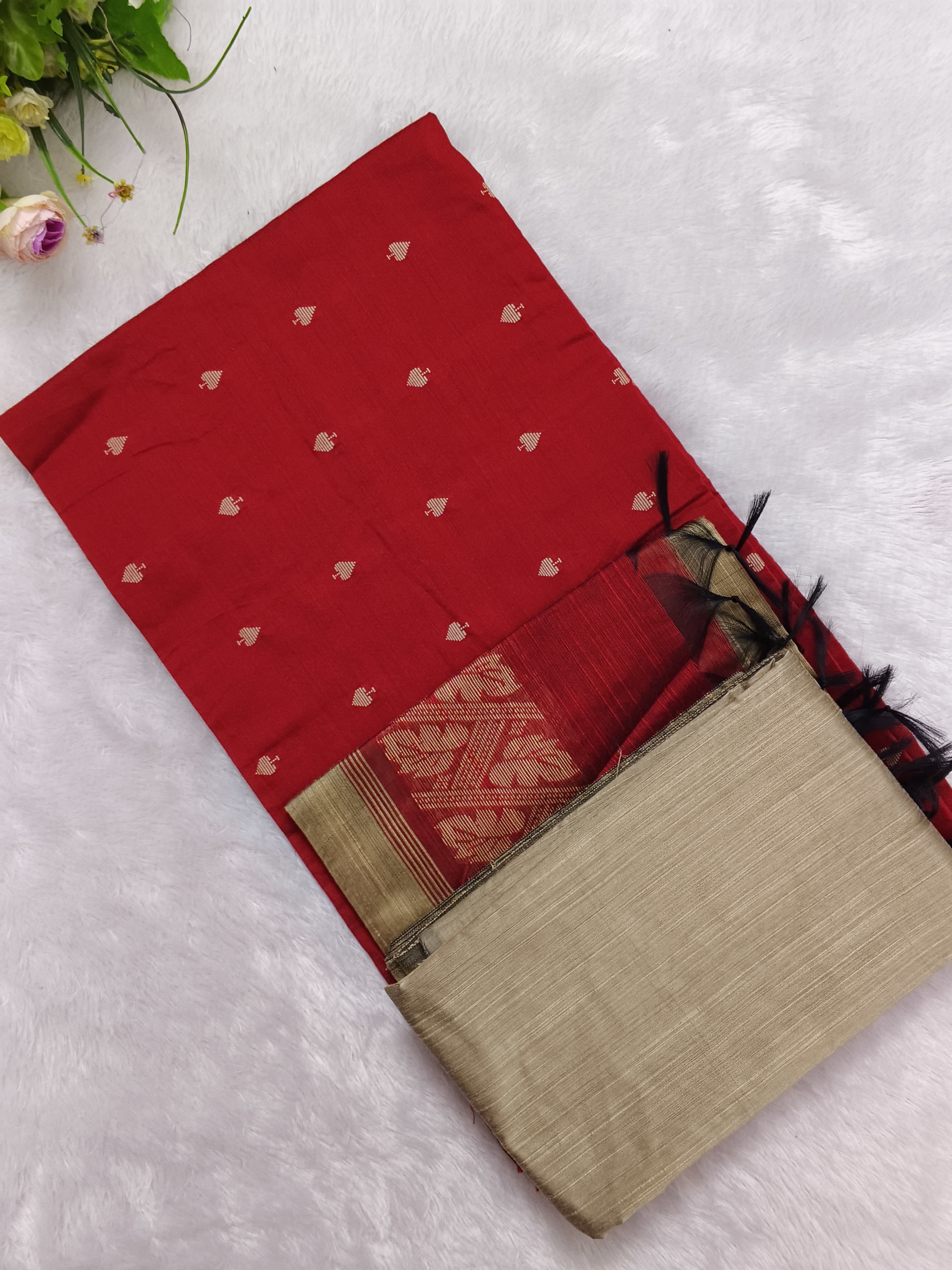 red raw silk top with beige duppata and bottom 3 piece set