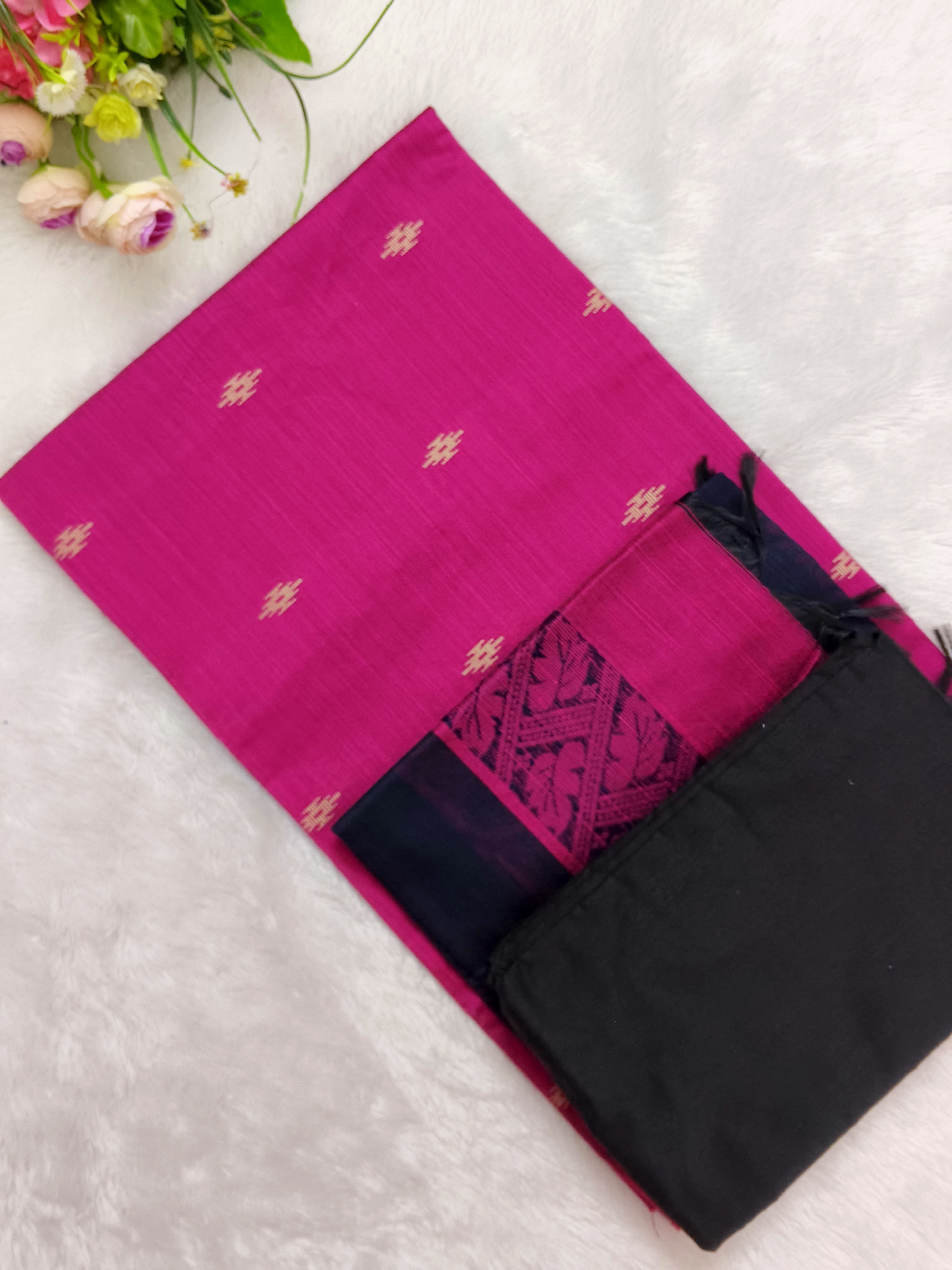 rani pink raw silk top with black colour bottom and duppata 3 piece set