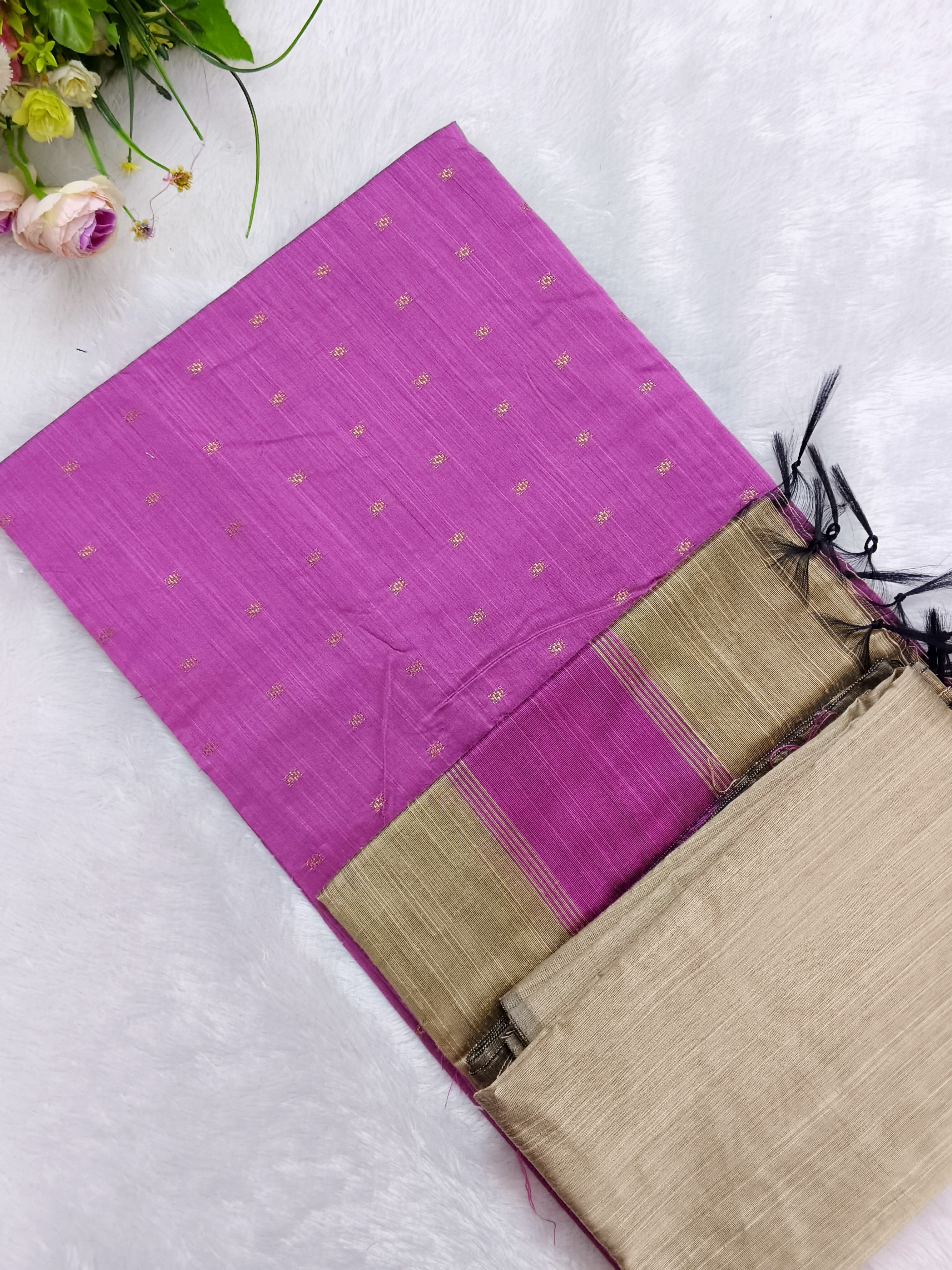 baby pink raw silk top with beige colour bottom and duppata 3 piece set