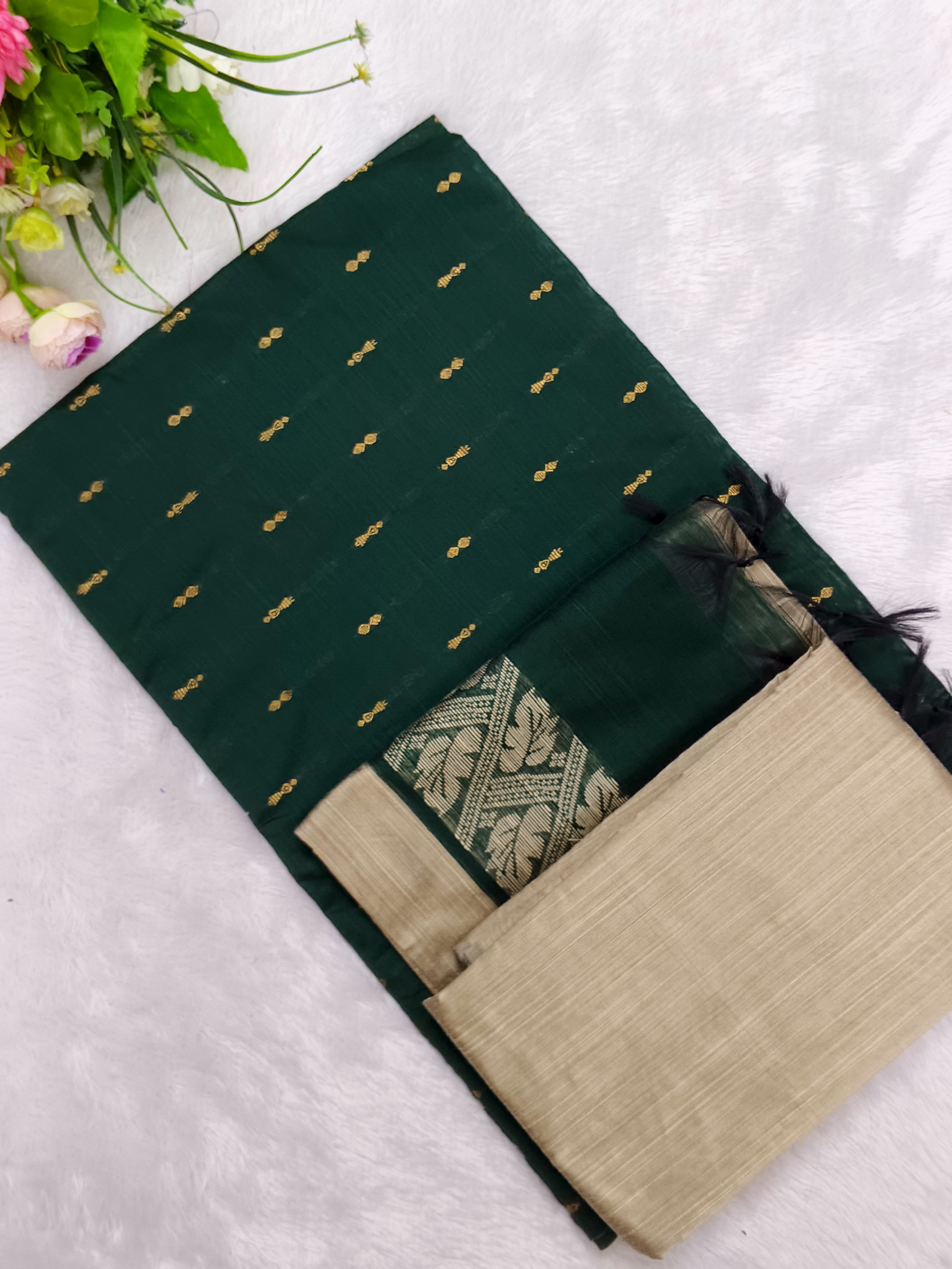 bottle green raw silk top with beiege colour bottom and duppata 3 piece set