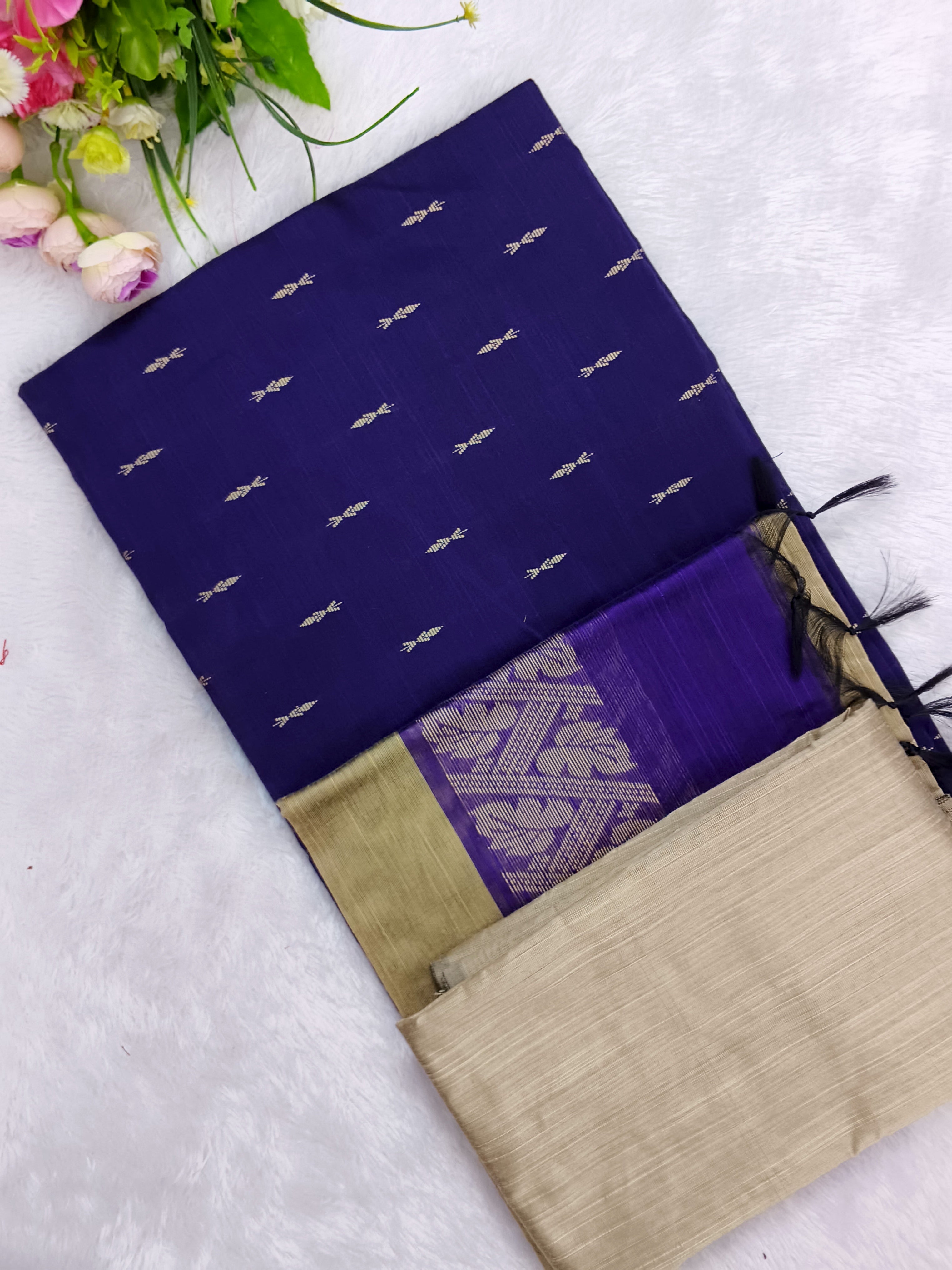 violet raw silk top with beige colour duppata and bottom