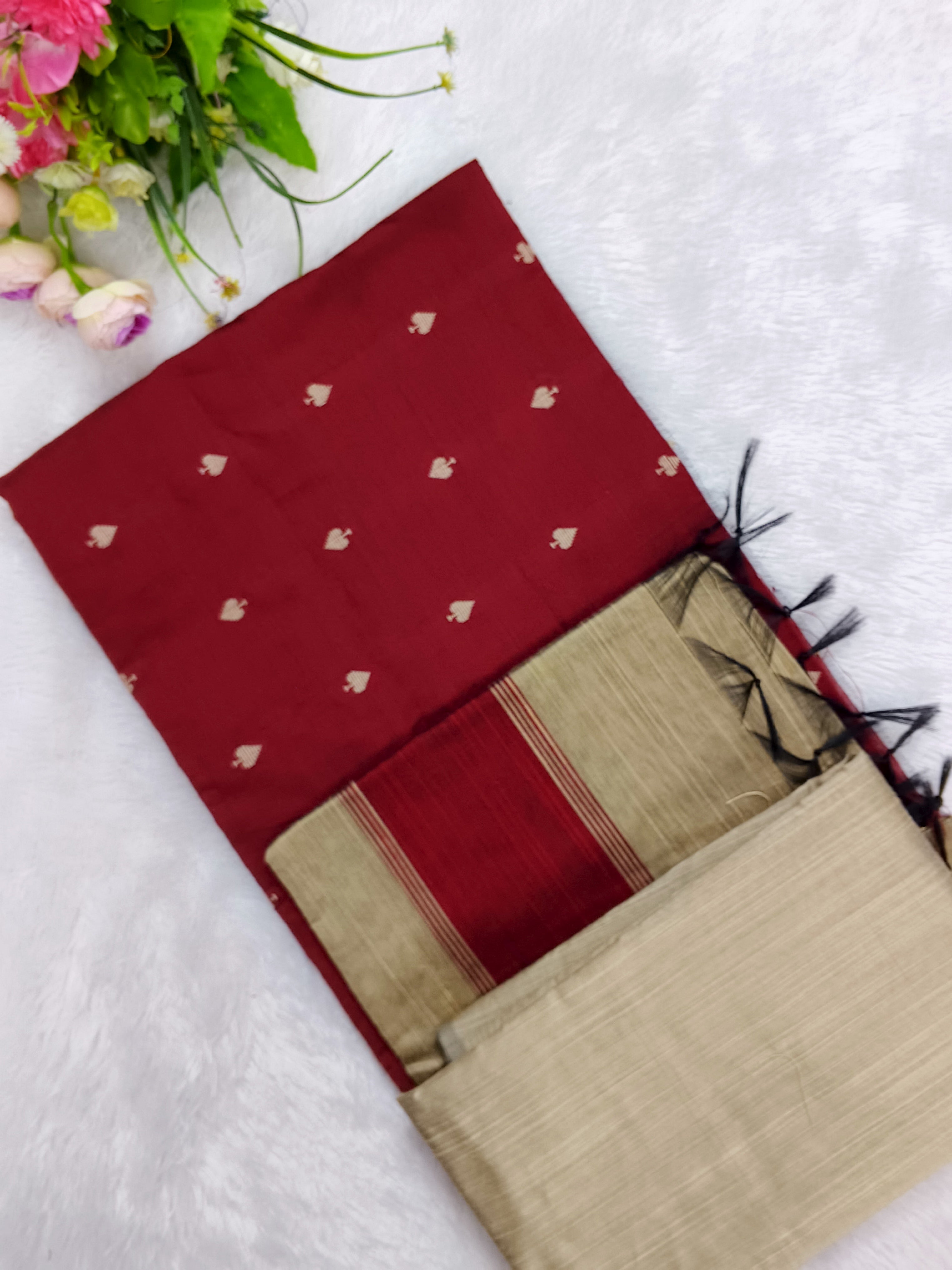 marron raw silk top with beige colour bottom and duppata 3 piece set