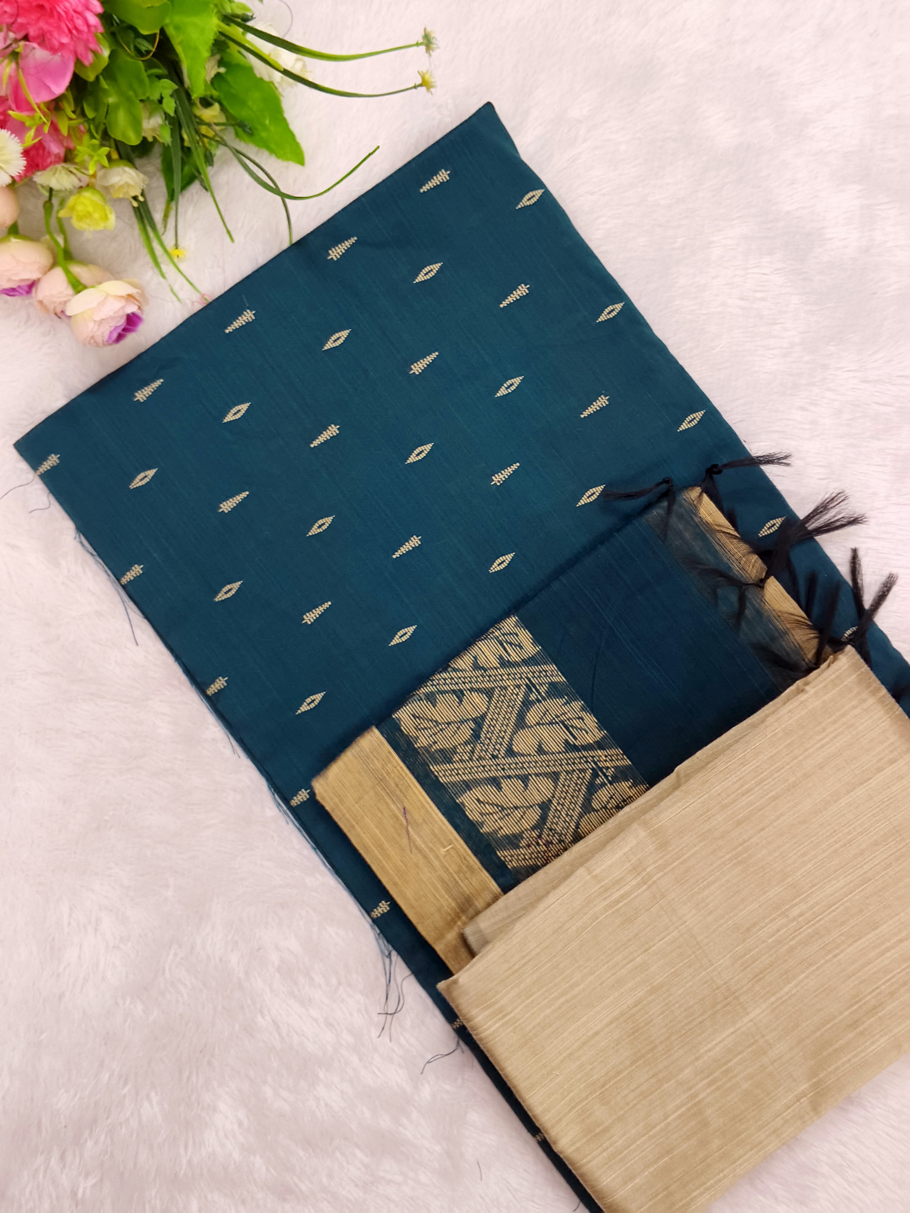 peocock green raw silk top with beige colour bottom duppata 3 piece set