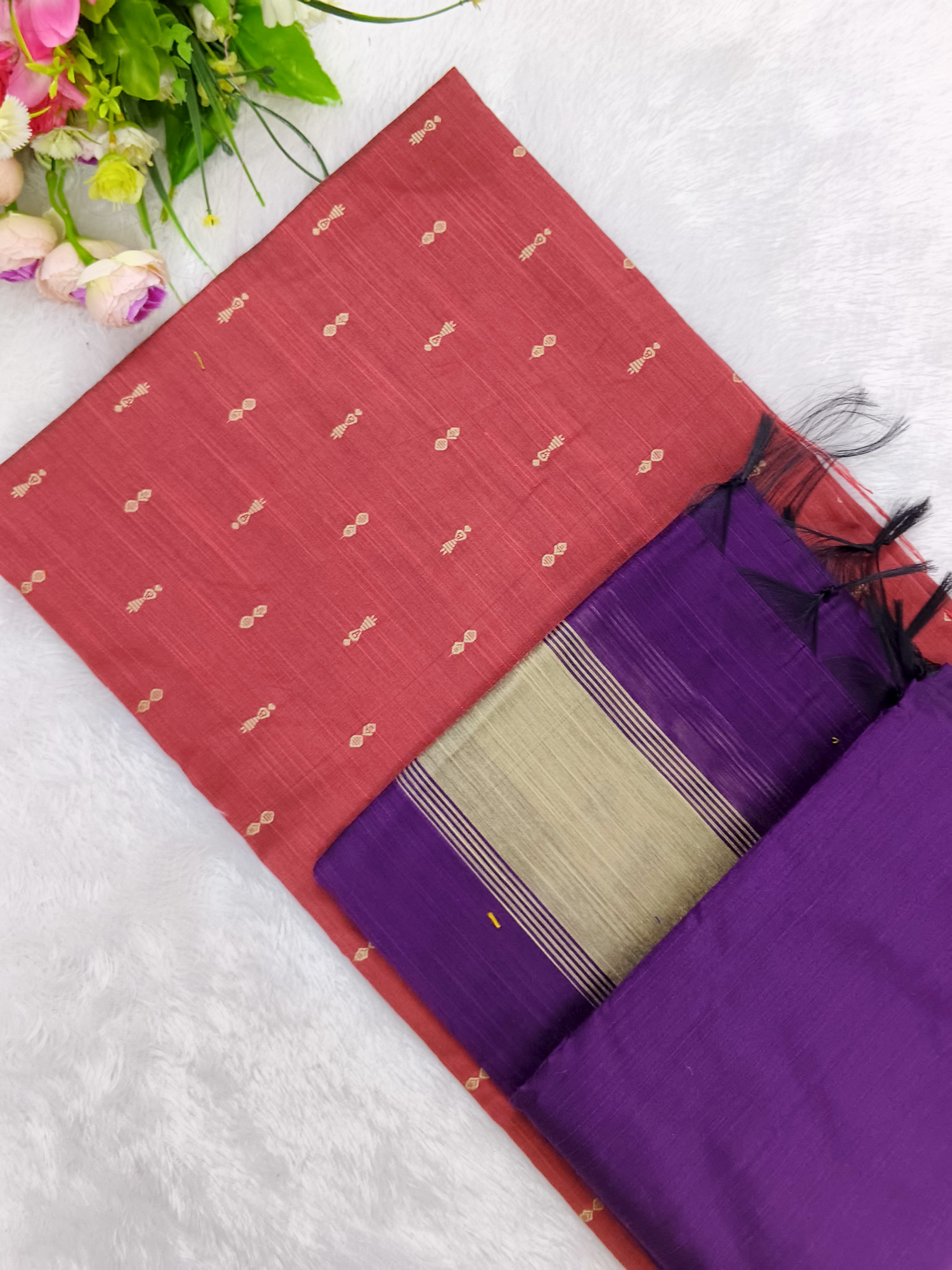 peech colour raw silk top with purple colour duppata and bottom
