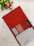 red raw silk top with silver bottom and duppata 3 piece set