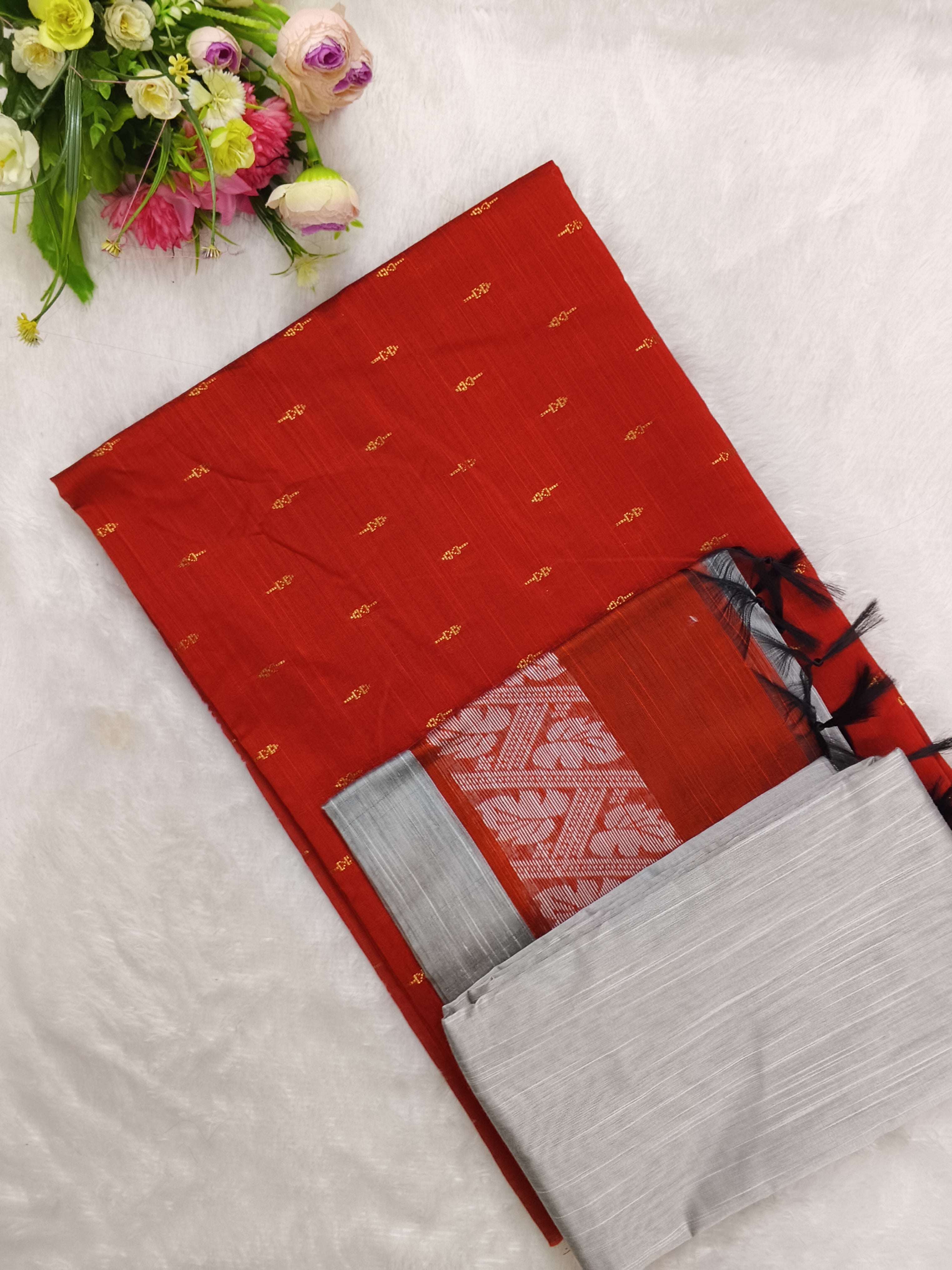 red raw silk top with silver bottom and duppata 3 piece set
