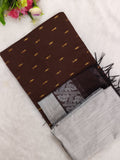 chocolate brown raw silk top with silver bottom and duppata 3 piece set