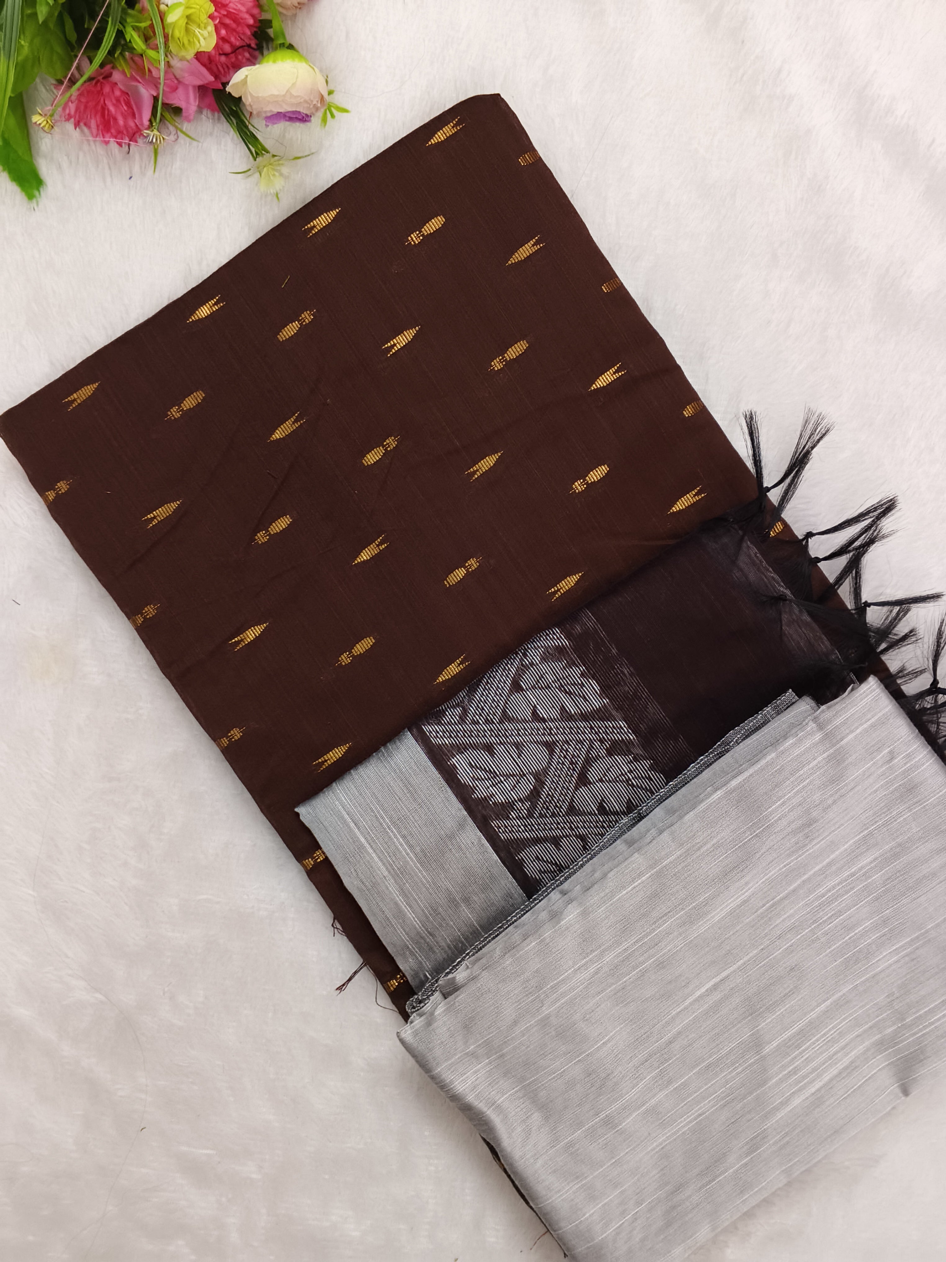 chocolate brown raw silk top with silver bottom and duppata 3 piece set