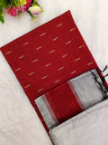 red raw silk top with silver bottom and duppata 3 piece set