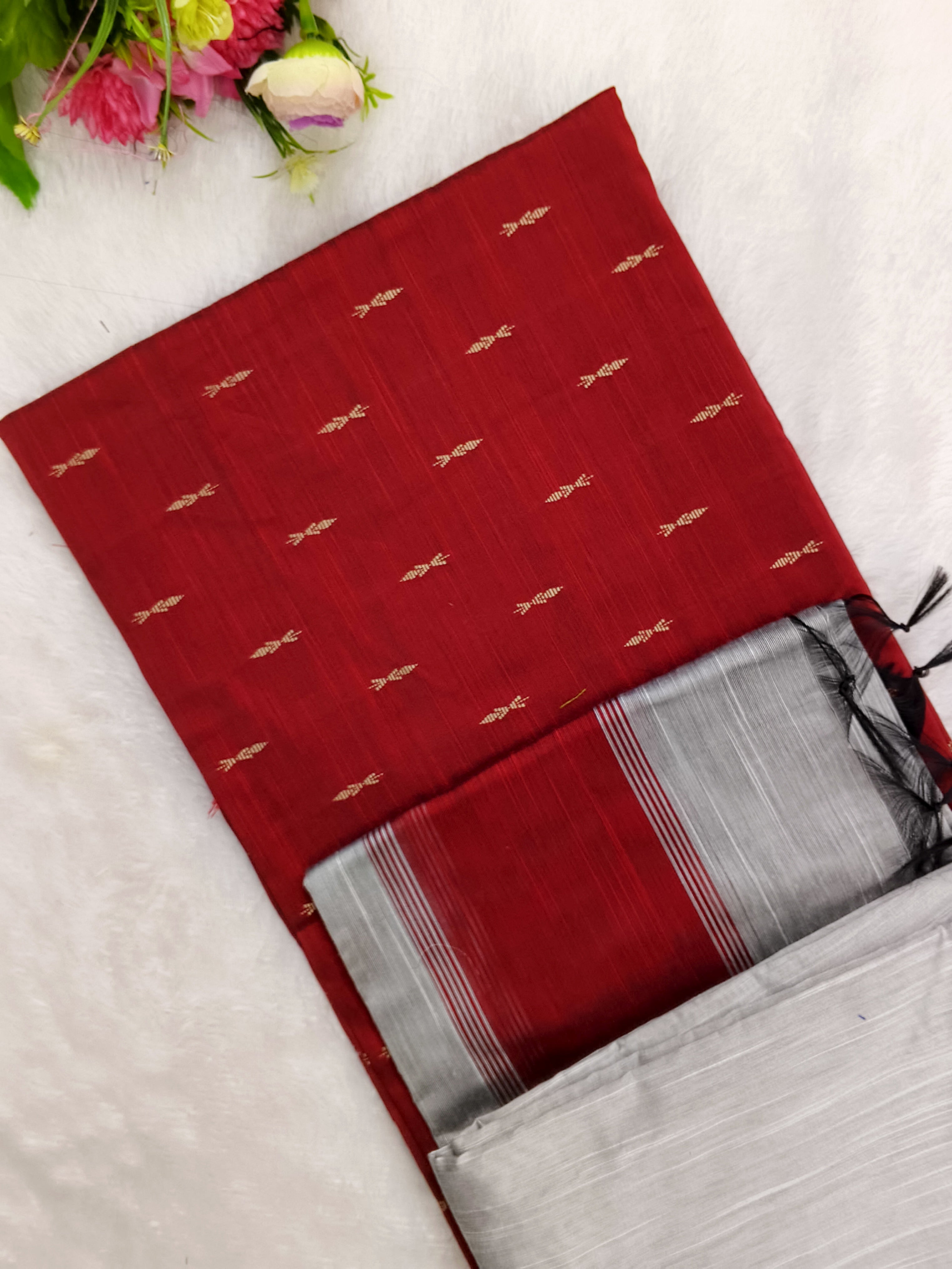 red raw silk top with silver bottom and duppata 3 piece set