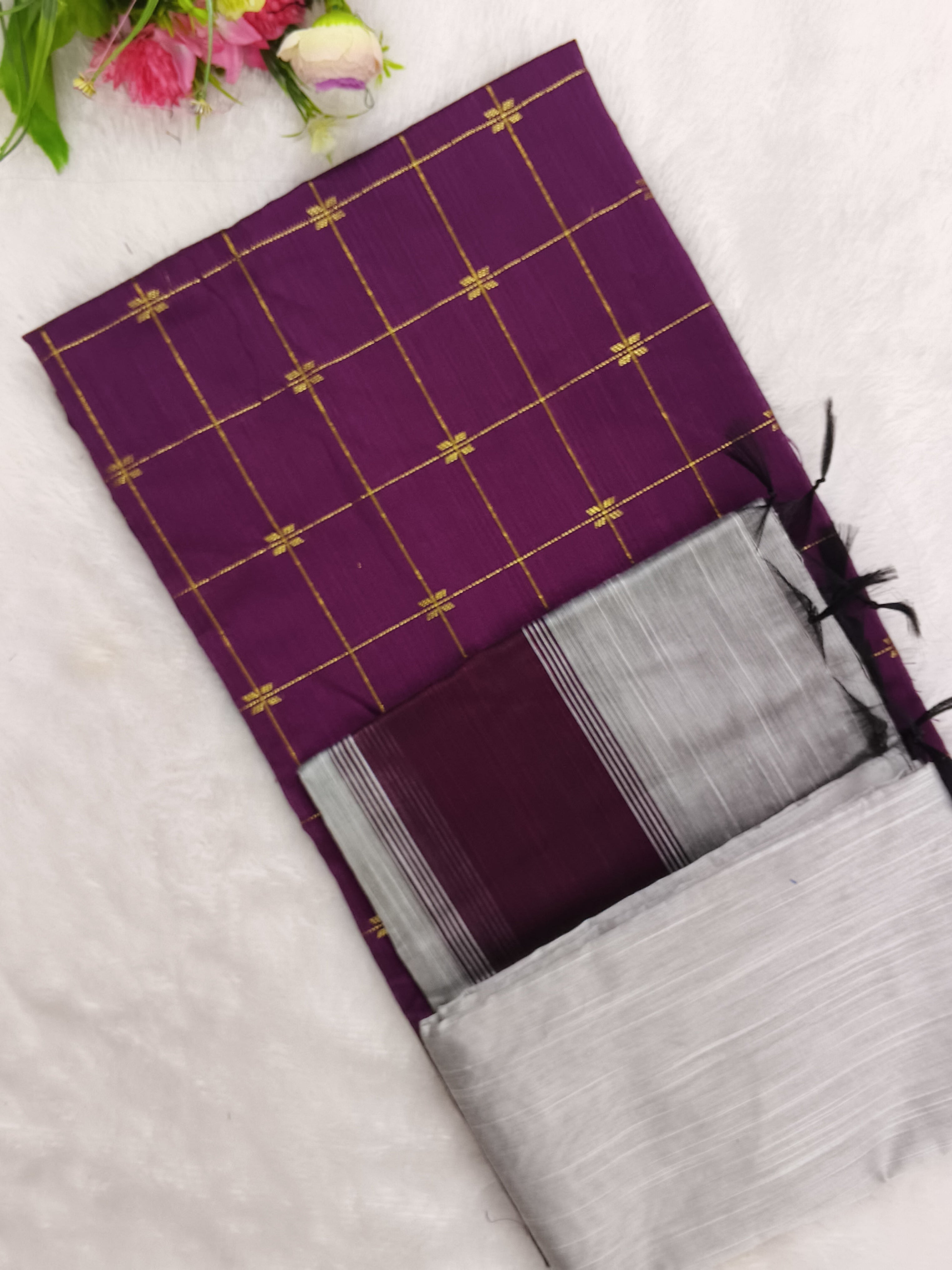 dark purple butterfly checked top with silver bottom and duppata 3 piece set