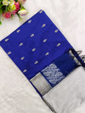royal blue raw silk top with silver bottom and duppata 3 piece set