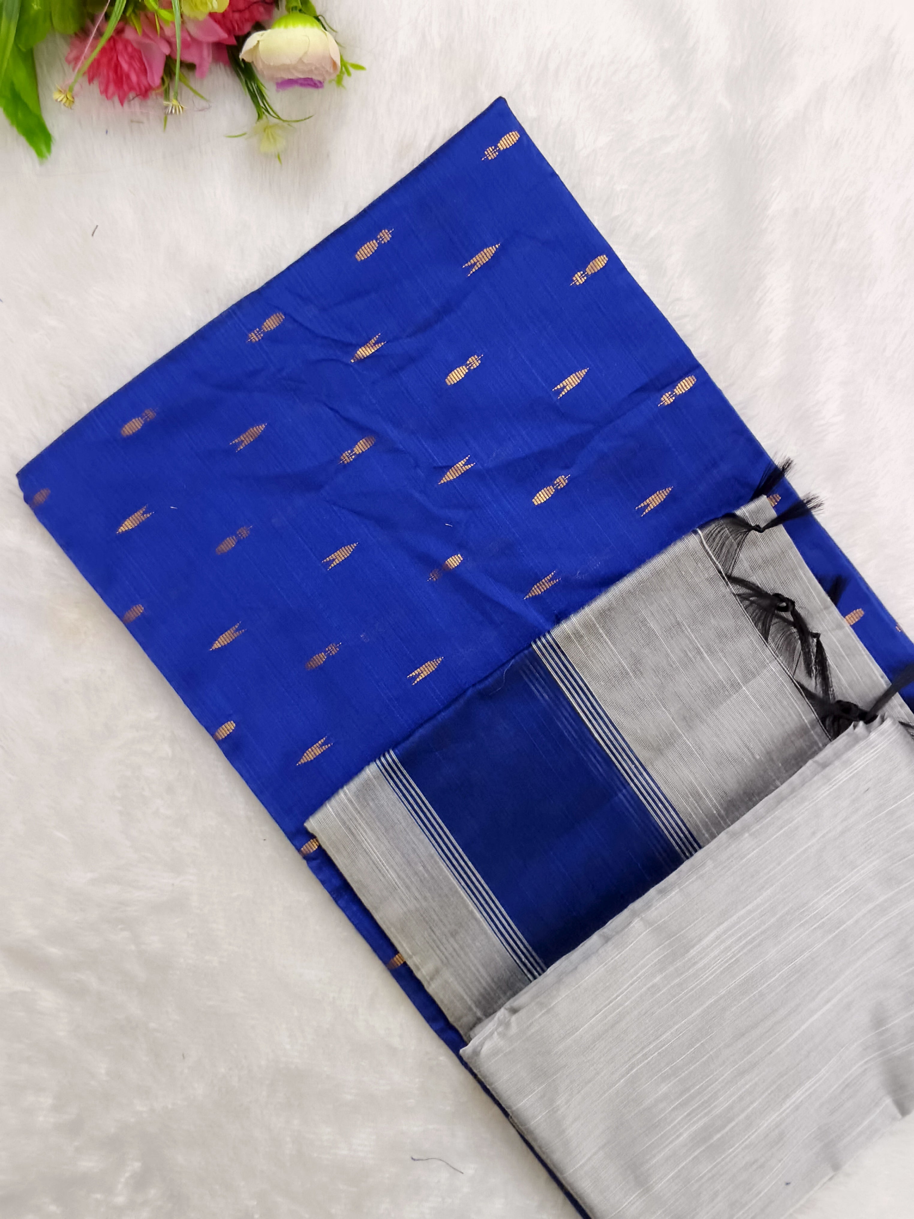 royal blue raw silk top with silver bottom and duppata