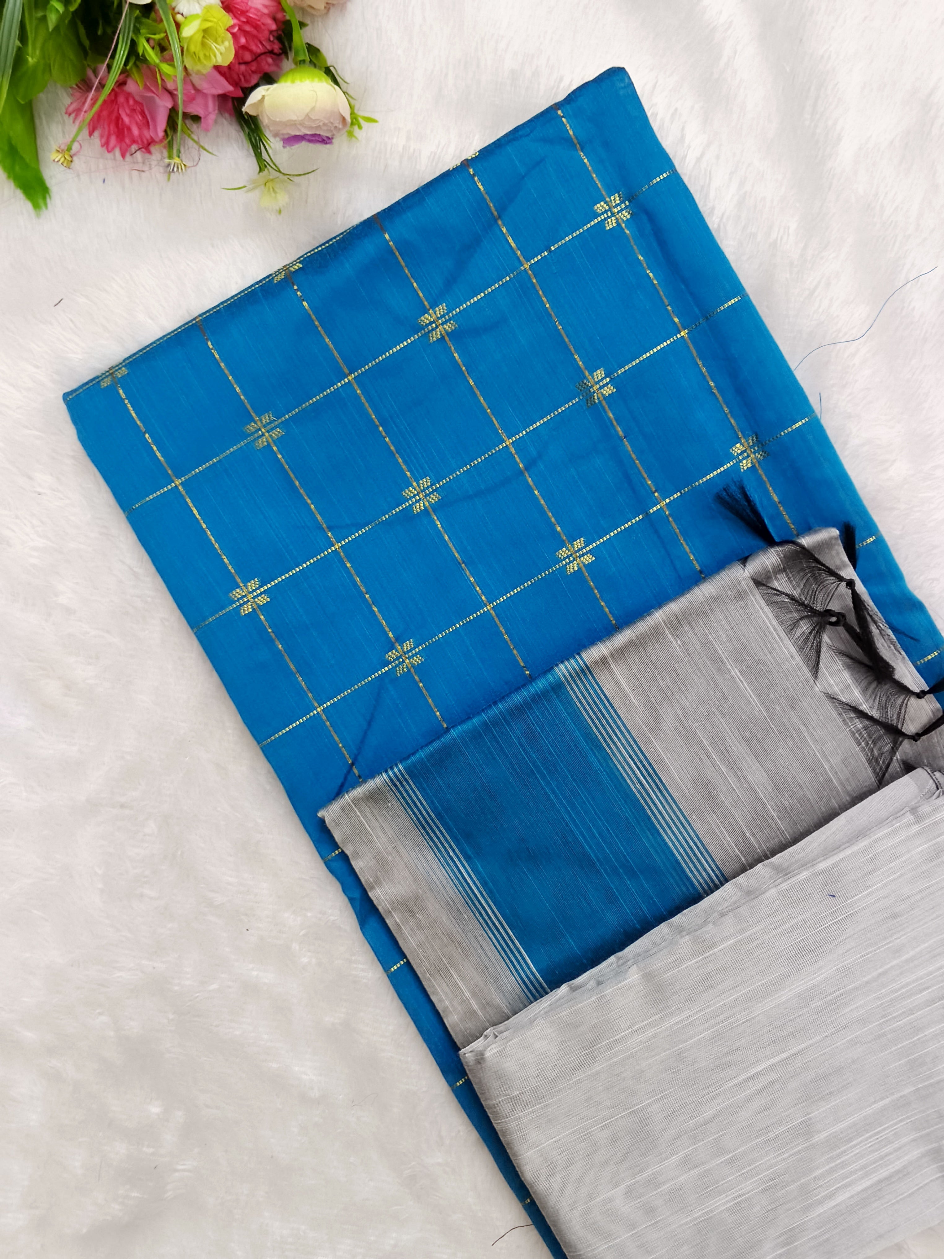 rama blue butterfly checked raw silk top with silver bottom and duppata 3 piece set