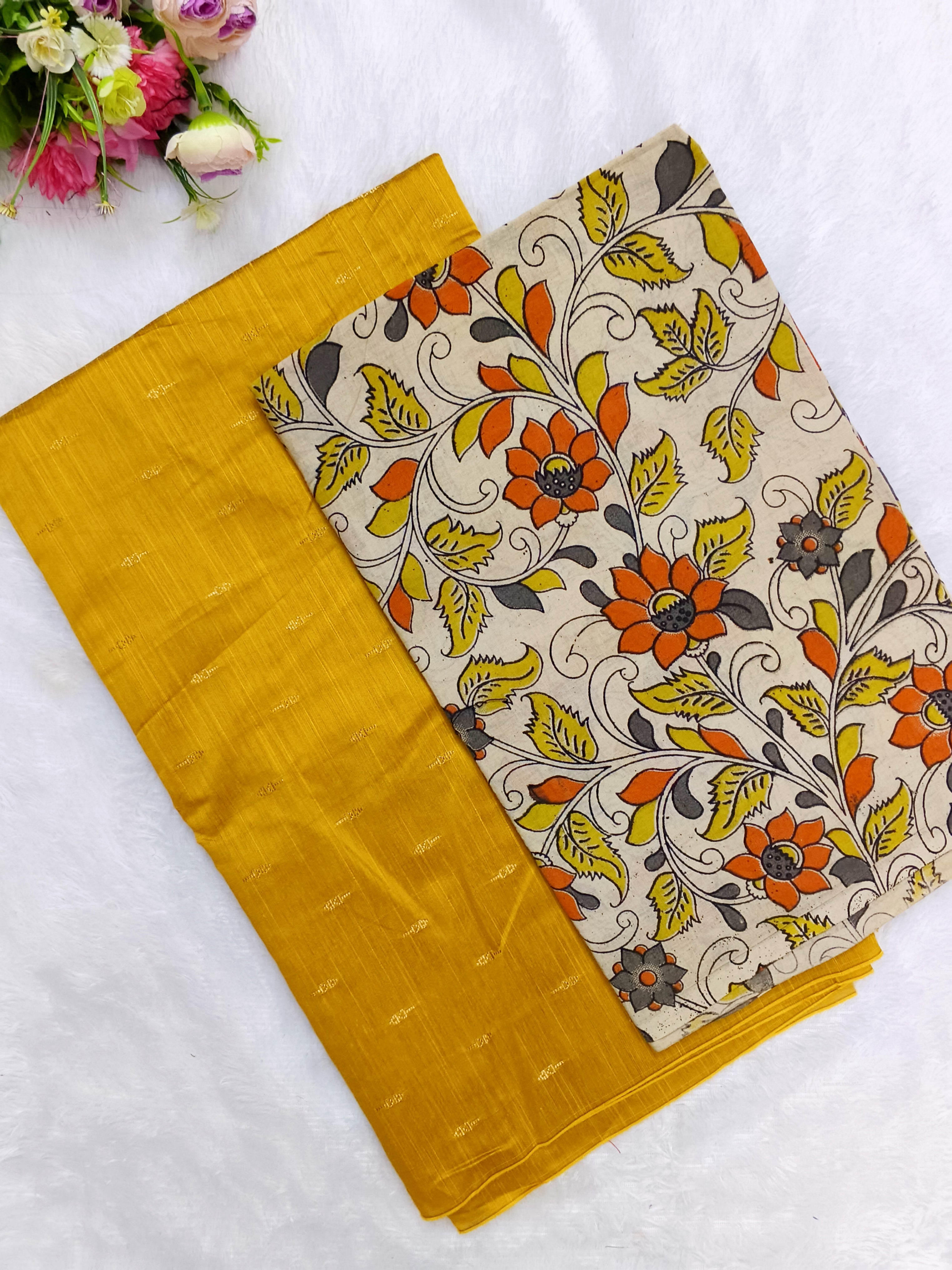 mustard yellow raw silk top with kalamkari duppata