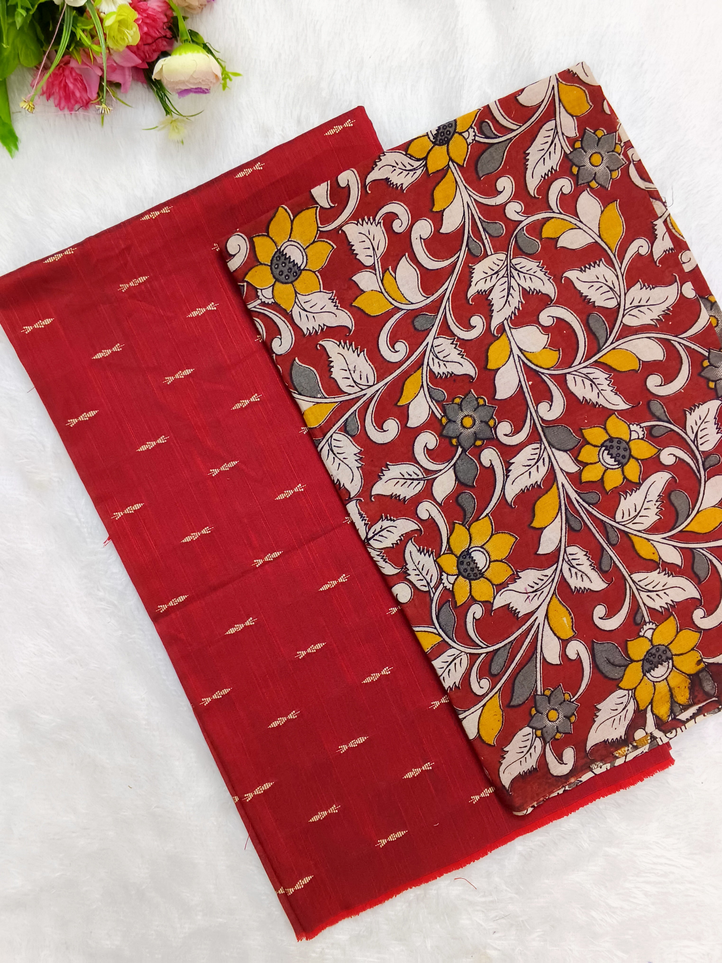 red raw silk top with kalamkari duppata