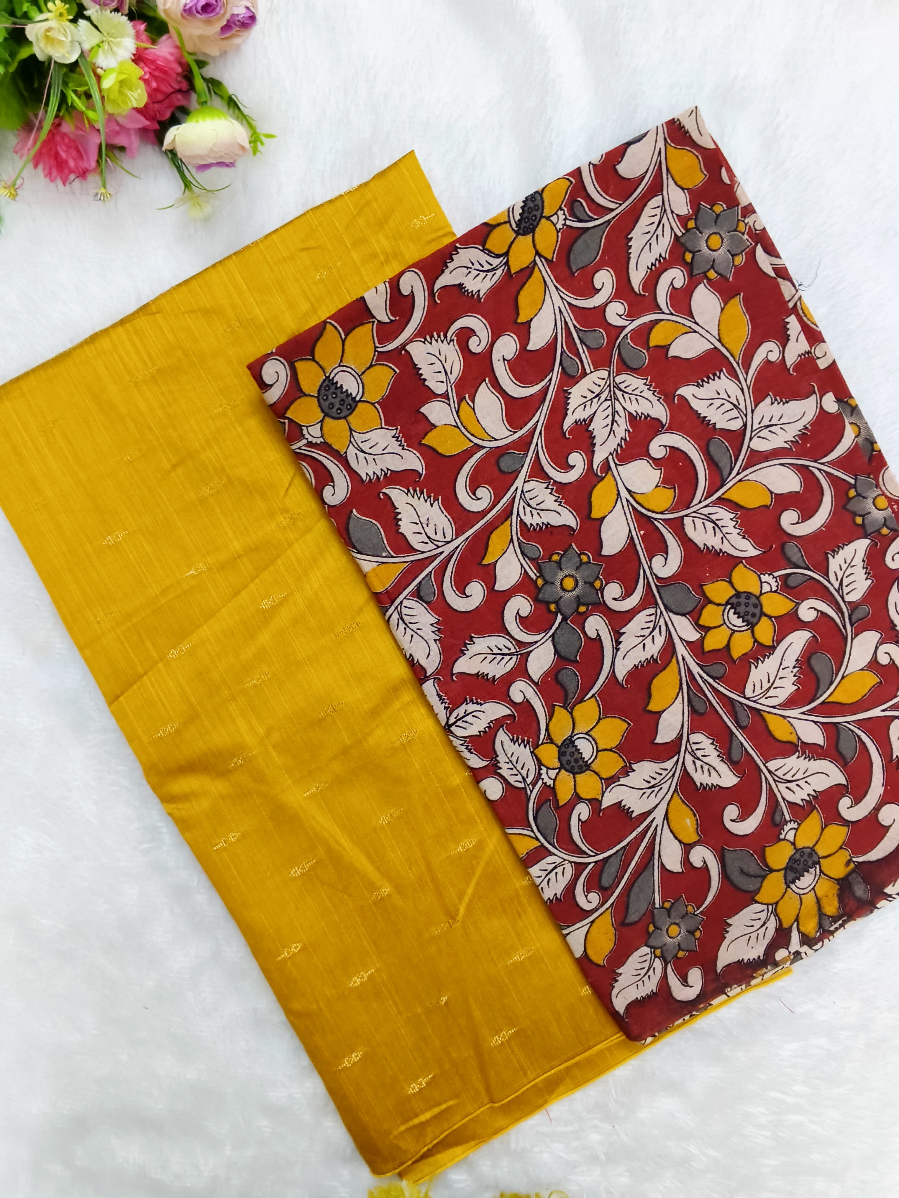 mustard yellow raw silk top with kalmkari duppata