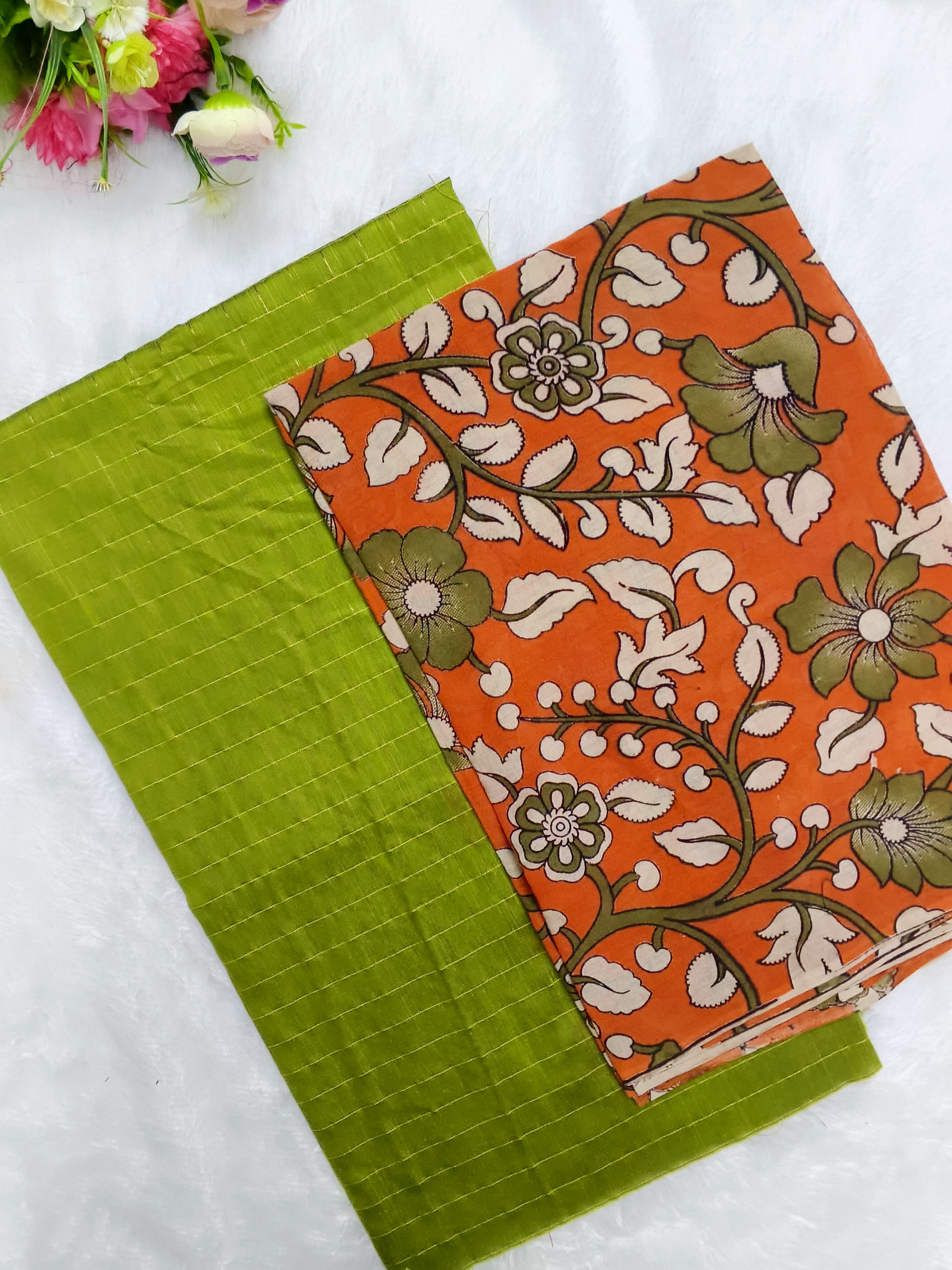 apple green raw silk top with kalamkari duppata